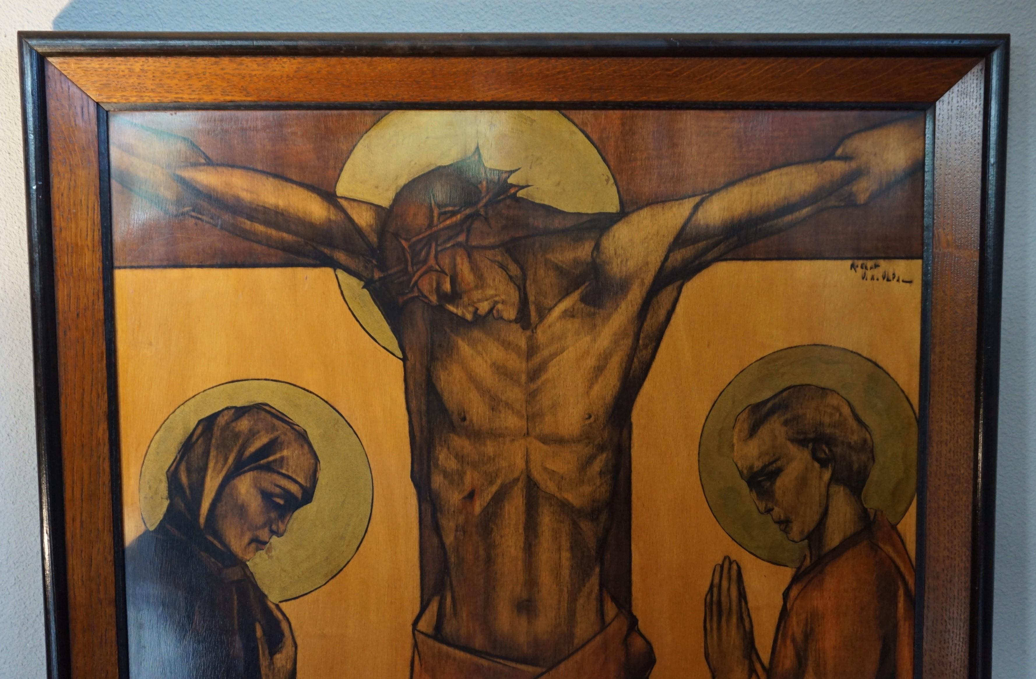 European Stunning Art Deco Drawing or Painting of Christ with Mourning Mary & Saint John