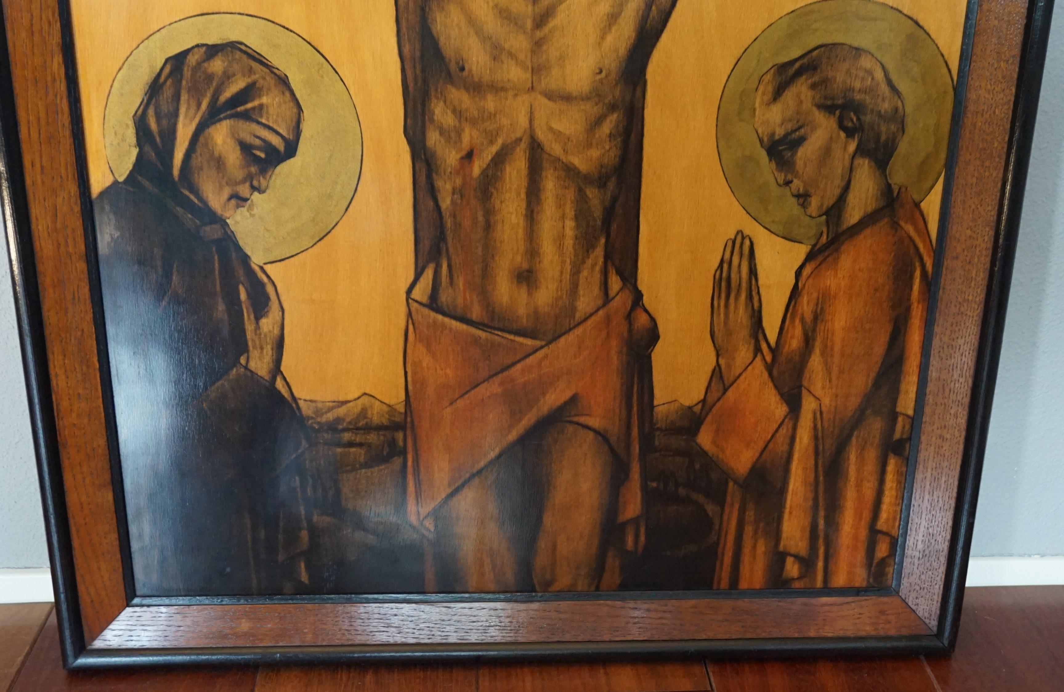 Hand-Crafted Stunning Art Deco Drawing or Painting of Christ with Mourning Mary & Saint John