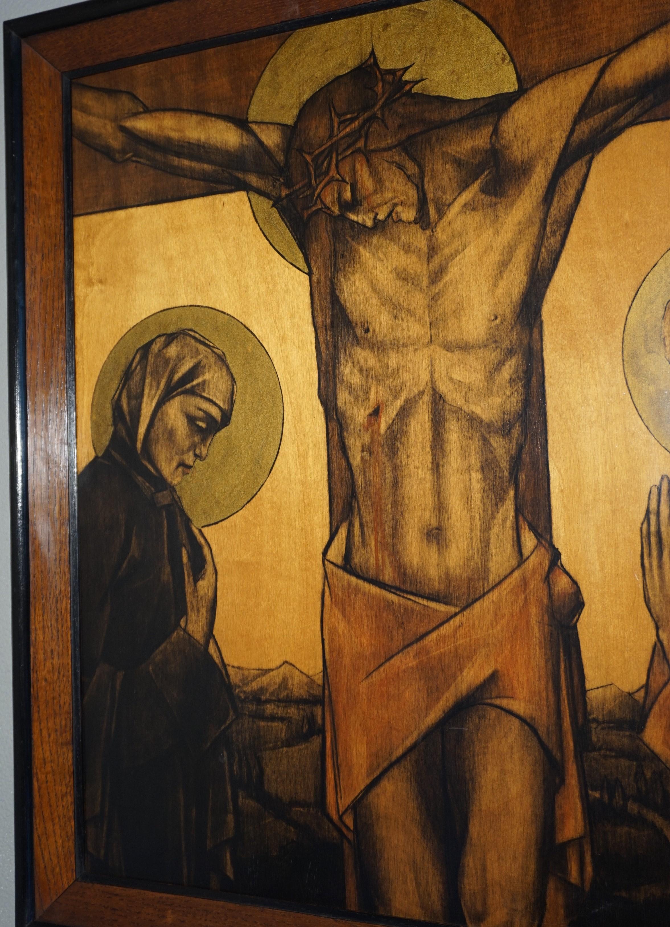 Wood Stunning Art Deco Drawing or Painting of Christ with Mourning Mary & Saint John