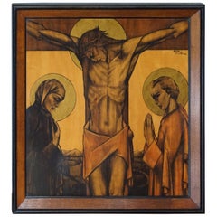 Stunning Art Deco Drawing or Painting of Christ with Mourning Mary & Saint John