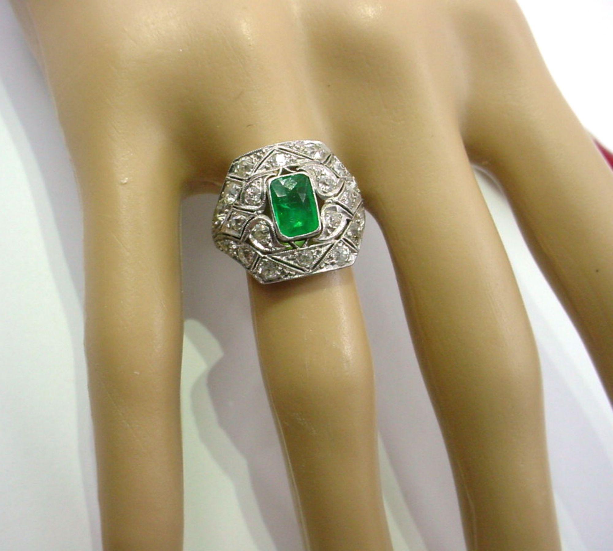 Emerald Cut Stunning Art Deco Emerald Diamond Platinum Engagement Cocktail Bombe Dinner Ring For Sale