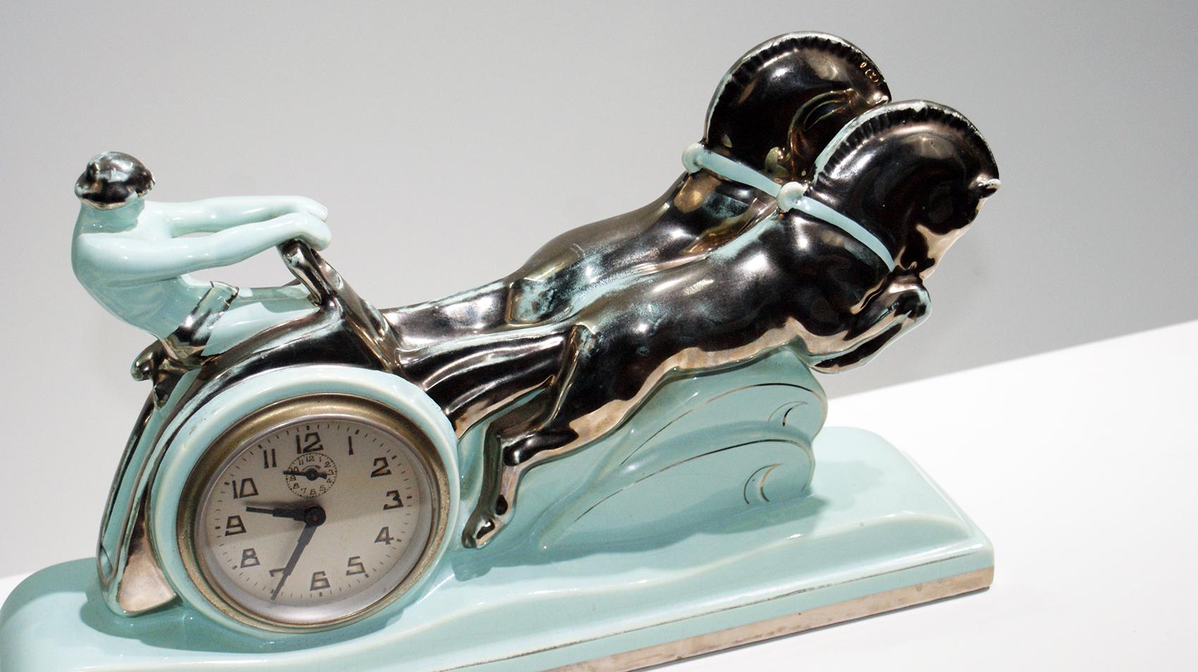 French Stunning Art Deco Enamel Ceramic Sculpture “Ben Hur Horse Racing Chariot