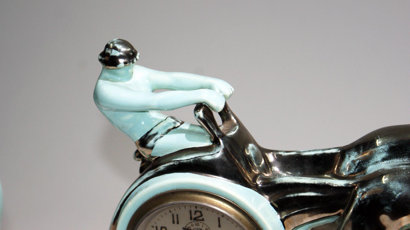 Enameled Stunning Art Deco Enamel Ceramic Sculpture “Ben Hur Horse Racing Chariot