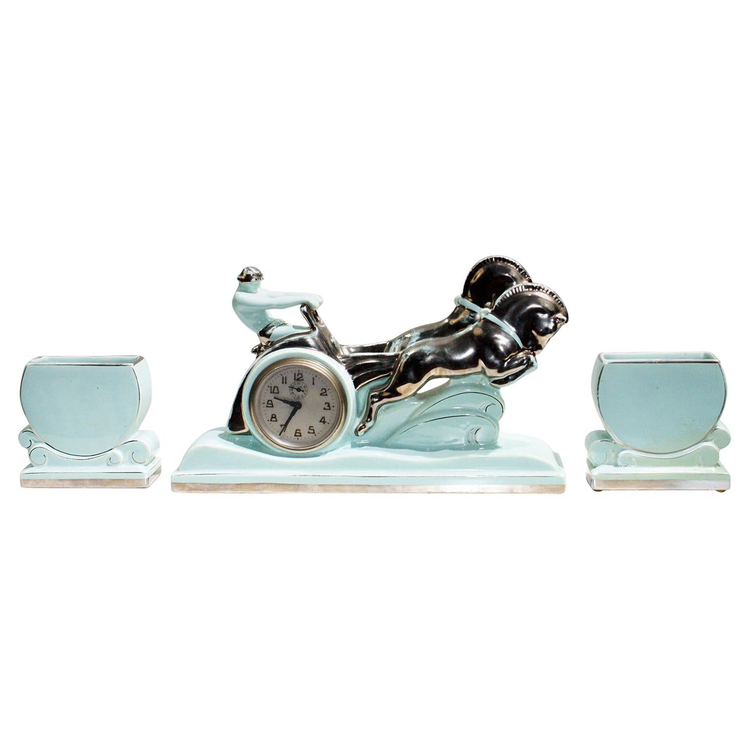 Stunning Art Deco Enamel Ceramic Sculpture “Ben Hur Horse Racing Chariot" For Sale