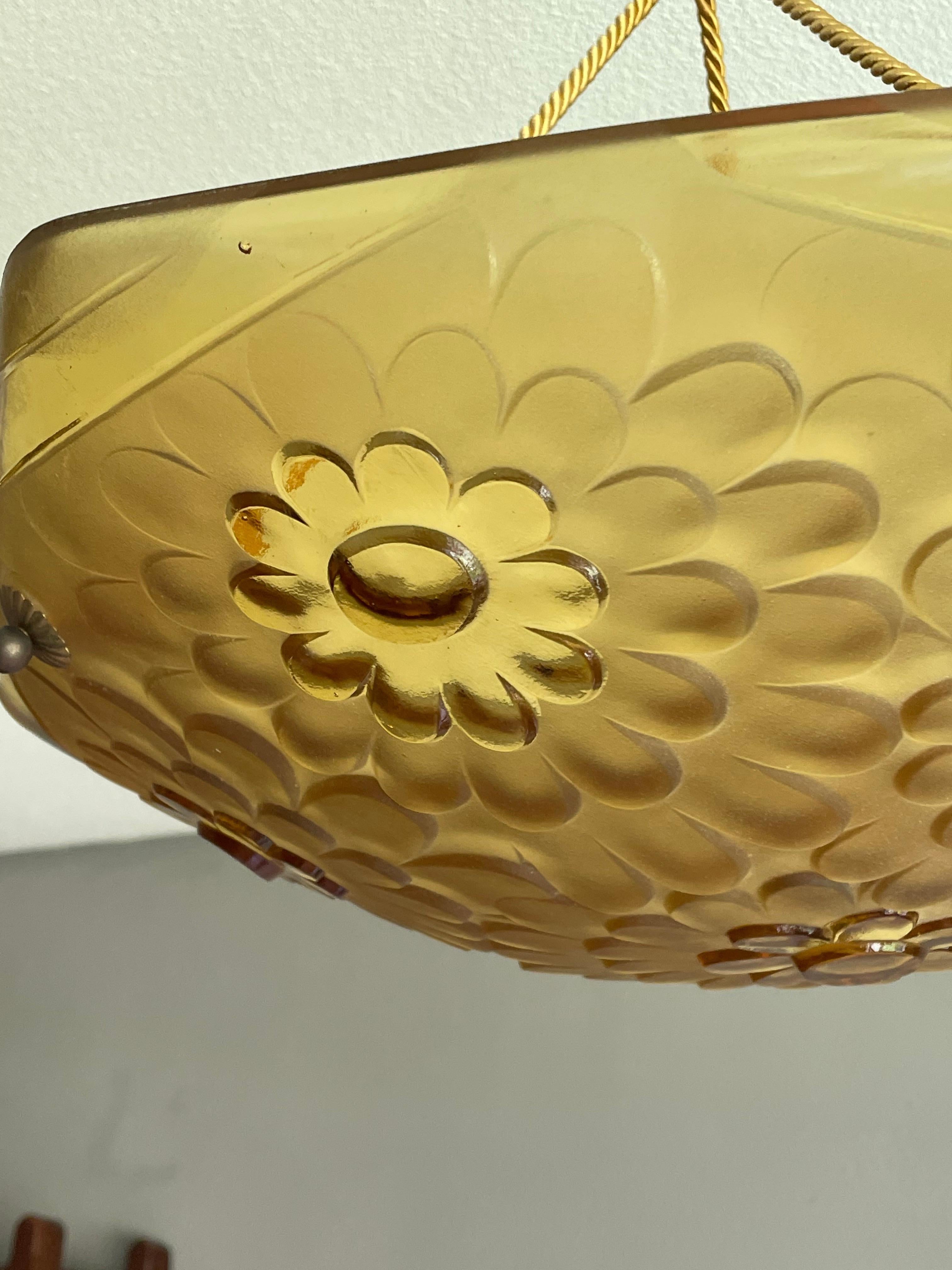 Stunning Art Deco Flower Design Glass & Rope Pendant Light by Degue of France 6