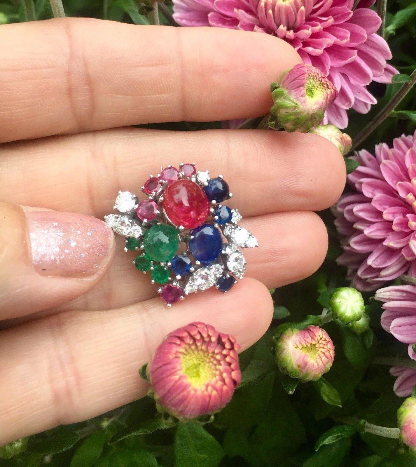 Stunning Art Deco G/Vs Diamond Sapphire Ruby Emerald Brooch Pin Necklace Pendant 1