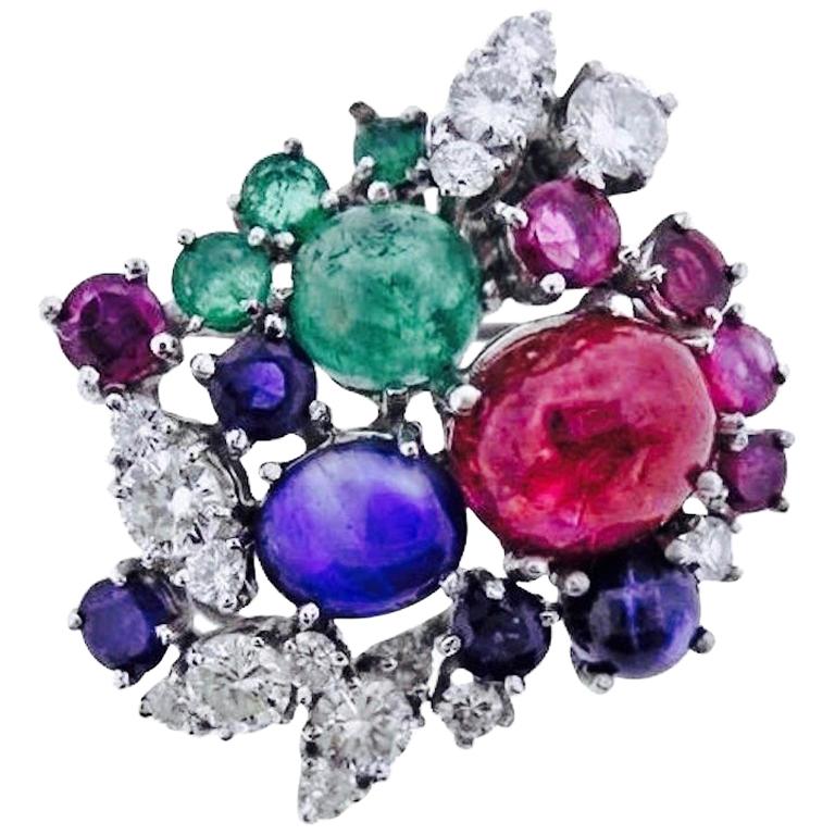 Stunning Art Deco G/Vs Diamond Sapphire Ruby Emerald Brooch Pin Necklace Pendant