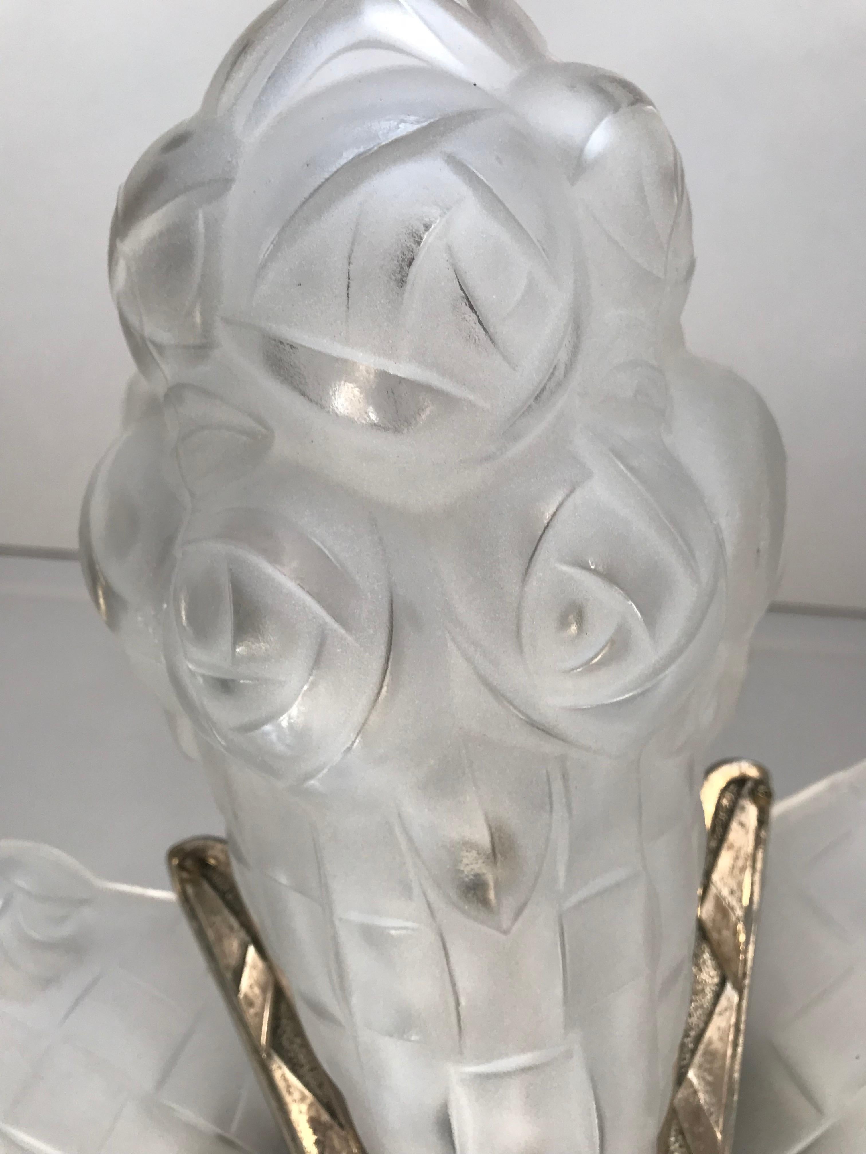 Stunning Art Deco Glass, Bronze Five Light Pendant / Chandelier by Degue, France 10