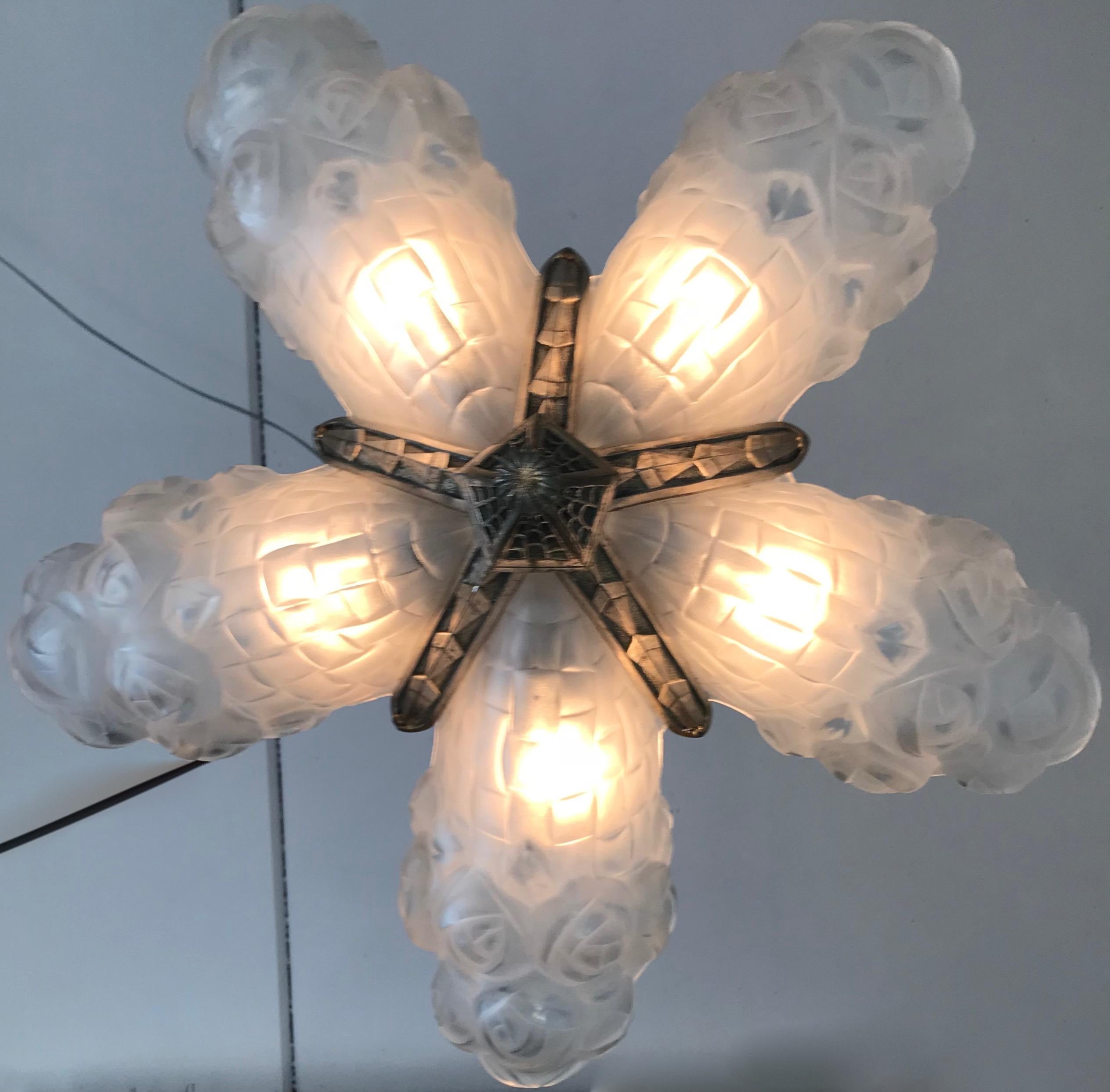 Frosted Stunning Art Deco Glass, Bronze Five Light Pendant / Chandelier by Degue, France