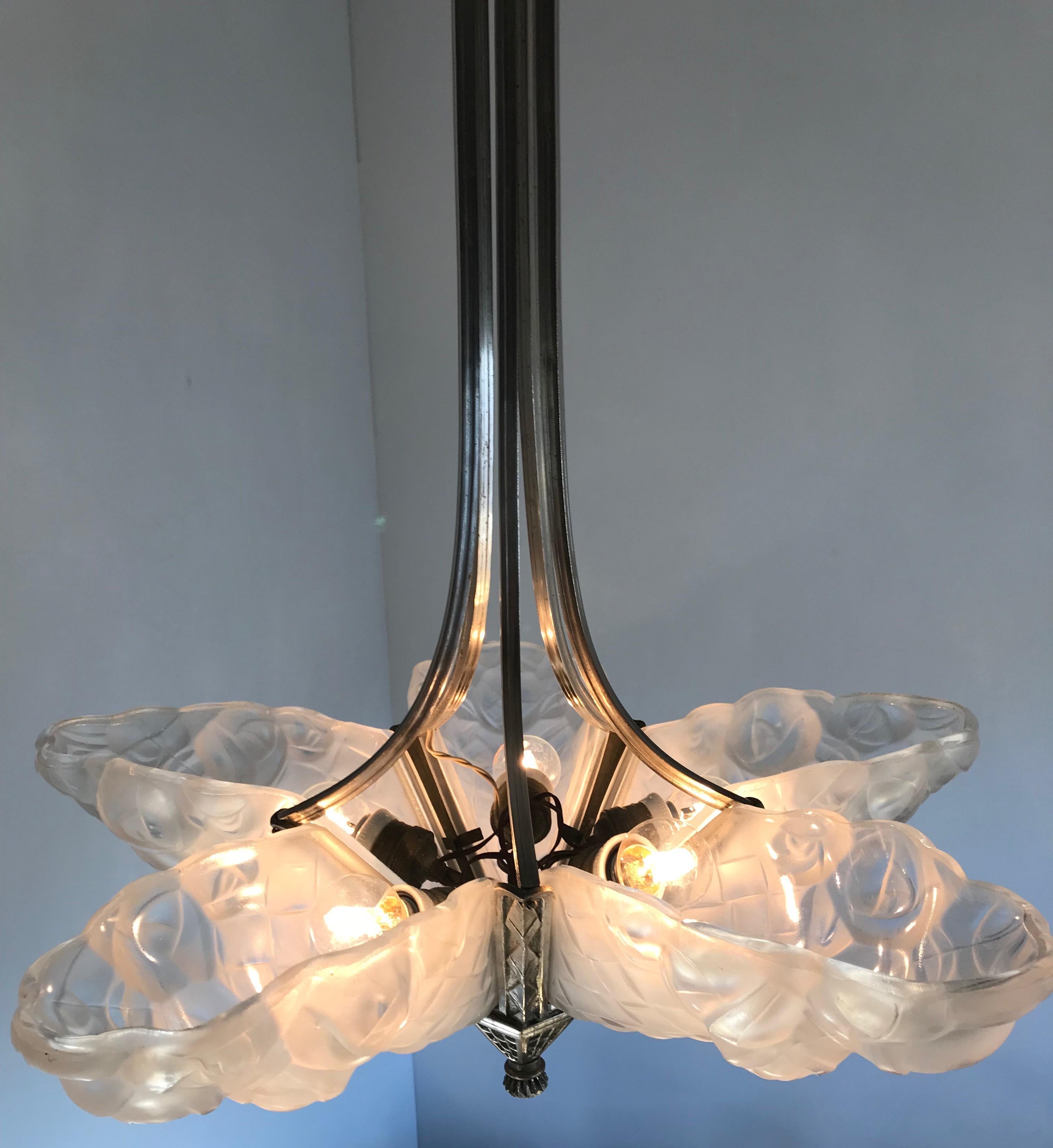 Stunning Art Deco Glass, Bronze Five Light Pendant / Chandelier by Degue, France 3