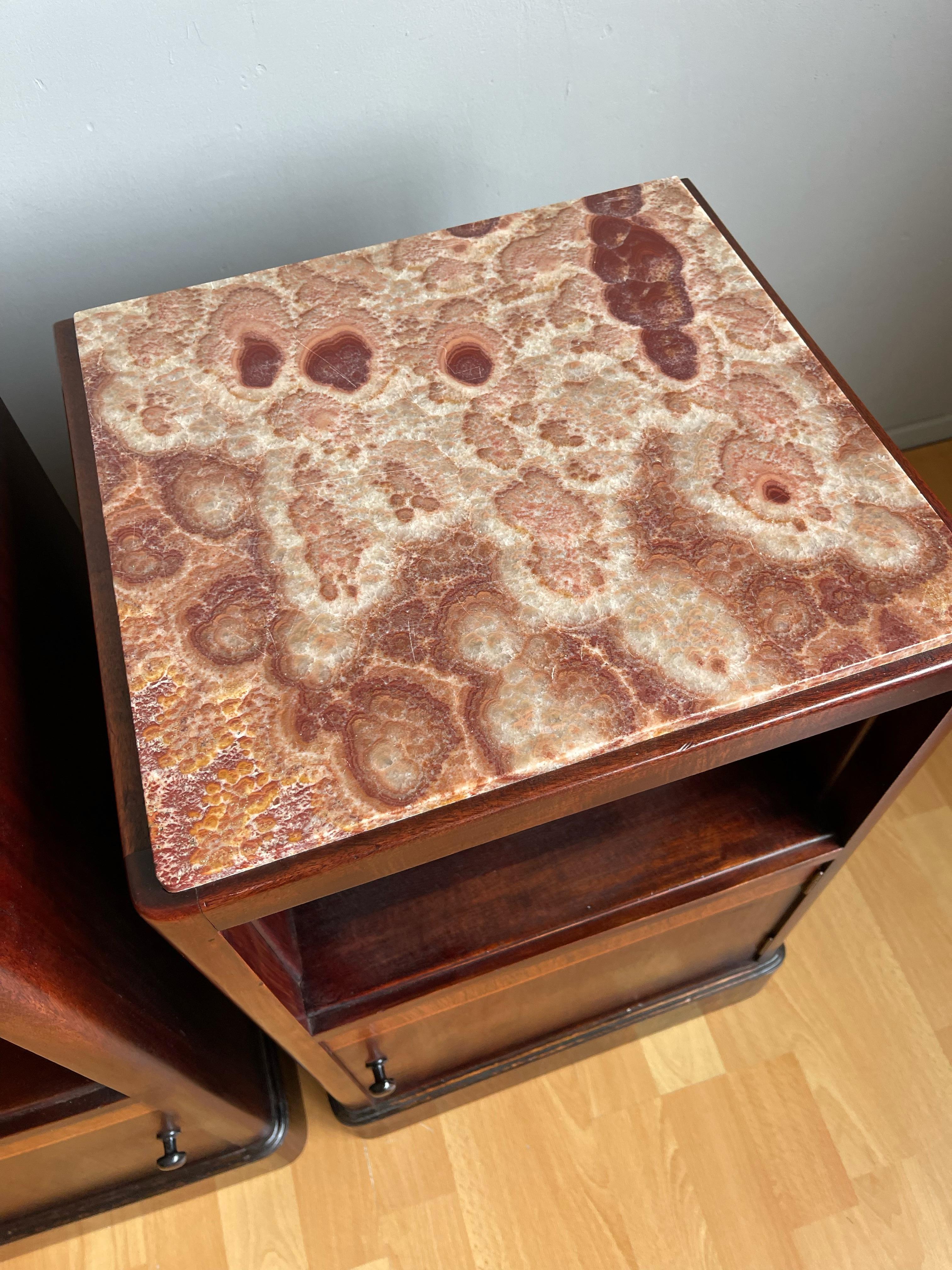 Stunning Art Deco Nightstands Tables w. Porcelain Interiors & Unique Marble Tops For Sale 9
