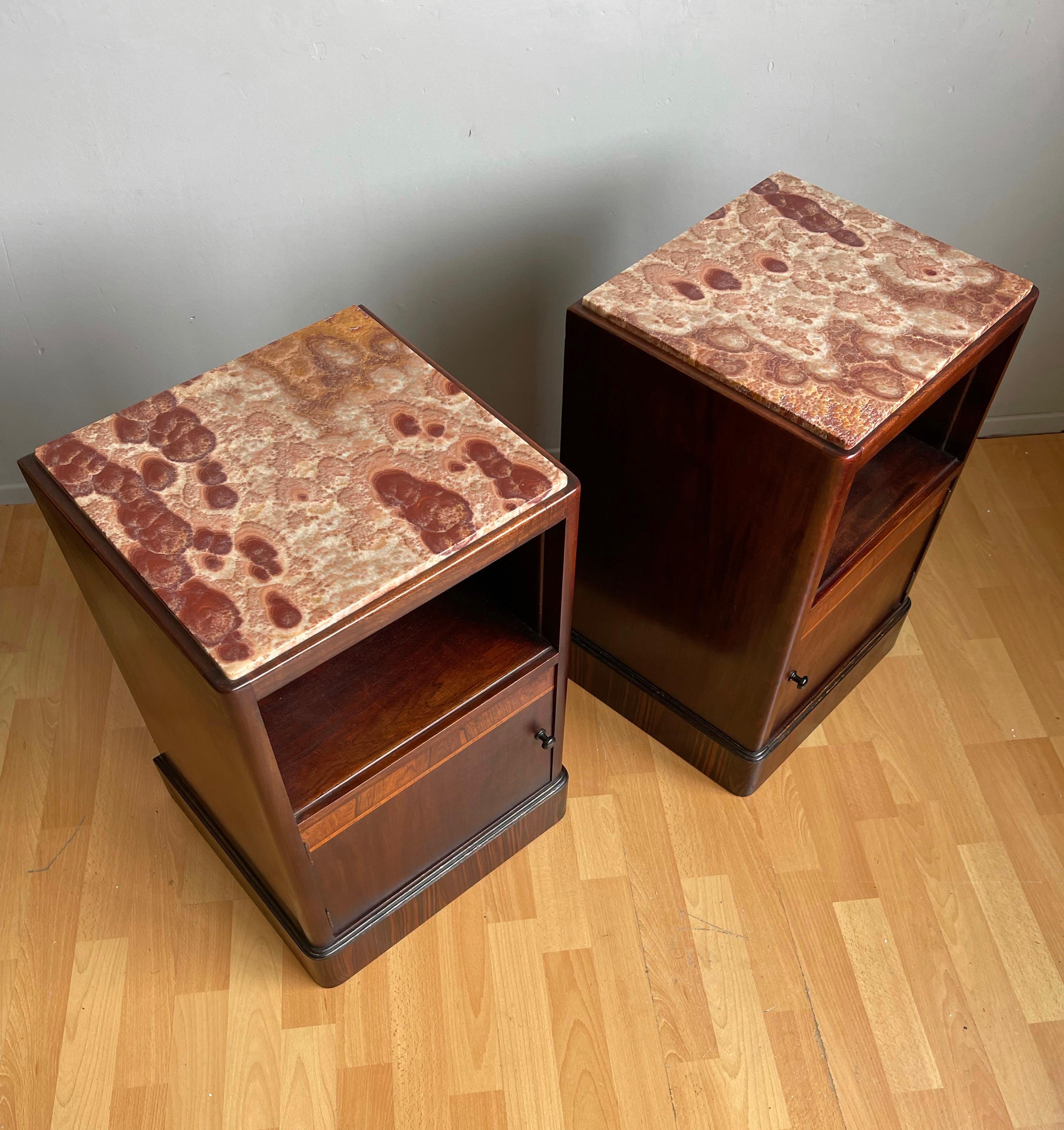 Stunning Art Deco Nightstands Tables w. Porcelain Interiors & Unique Marble Tops In Good Condition For Sale In Lisse, NL