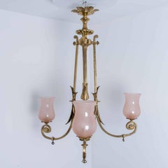 Stunning Art Deco Pink Glass Brass Chandelier, 1930