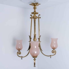 Stunning Art Deco Pink Glass Brass Chandelier, 1930