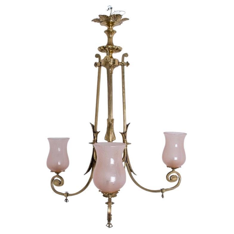 Stunning Art Deco Pink Glass Brass Chandelier, 1930