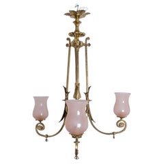 Stunning Art Deco Pink Glass Brass Chandelier, 1930