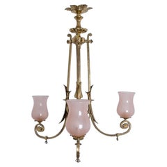 Stunning Art Deco Pink Glass Brass Chandelier, 1930