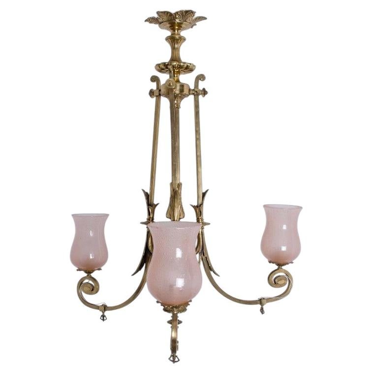 Stunning Art Deco Pink Glass Brass Chandelier, 1930