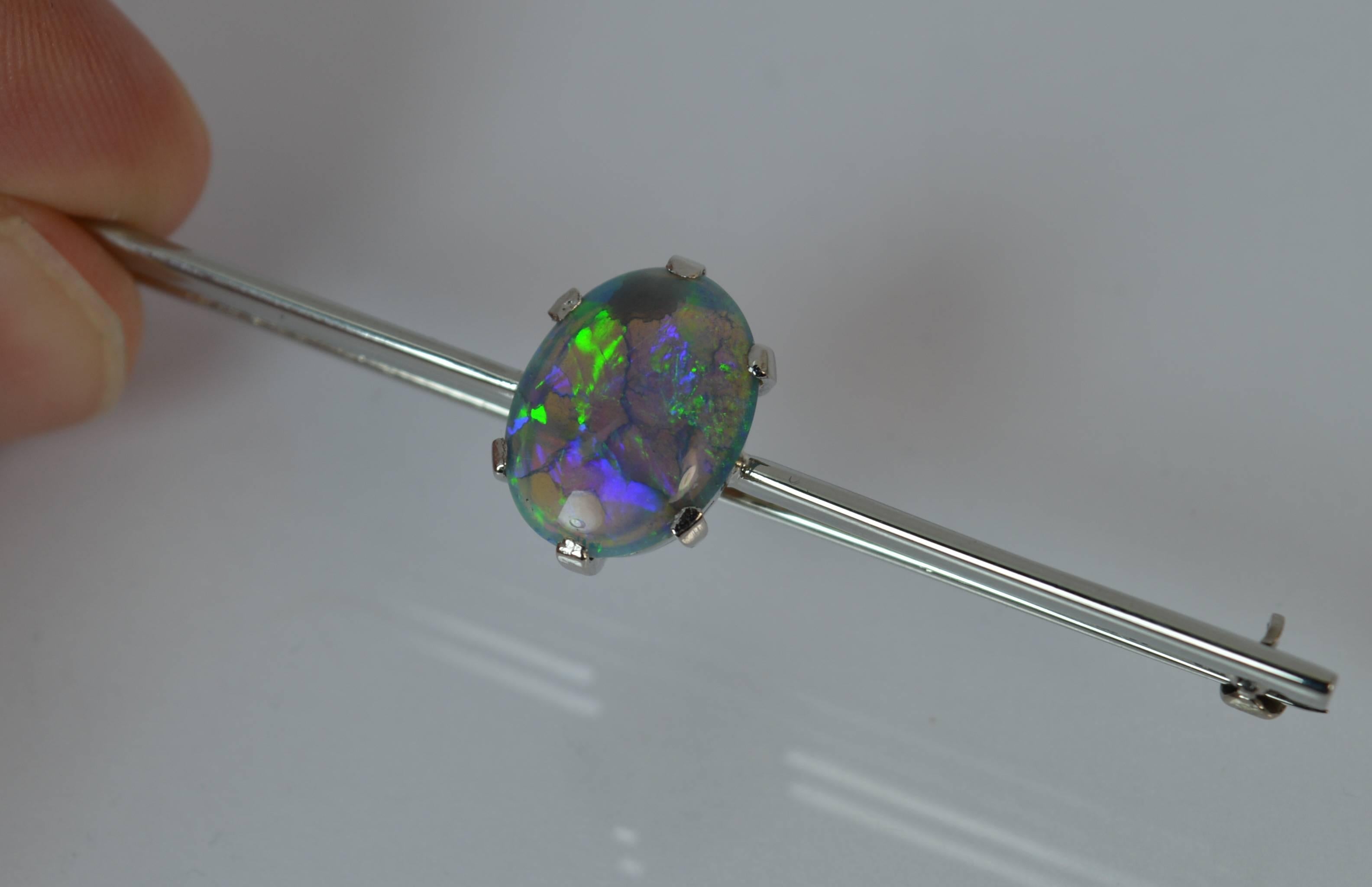 Stunning Art Deco Platinum and Black Opal Bar Brooch In Excellent Condition In St Helens, GB