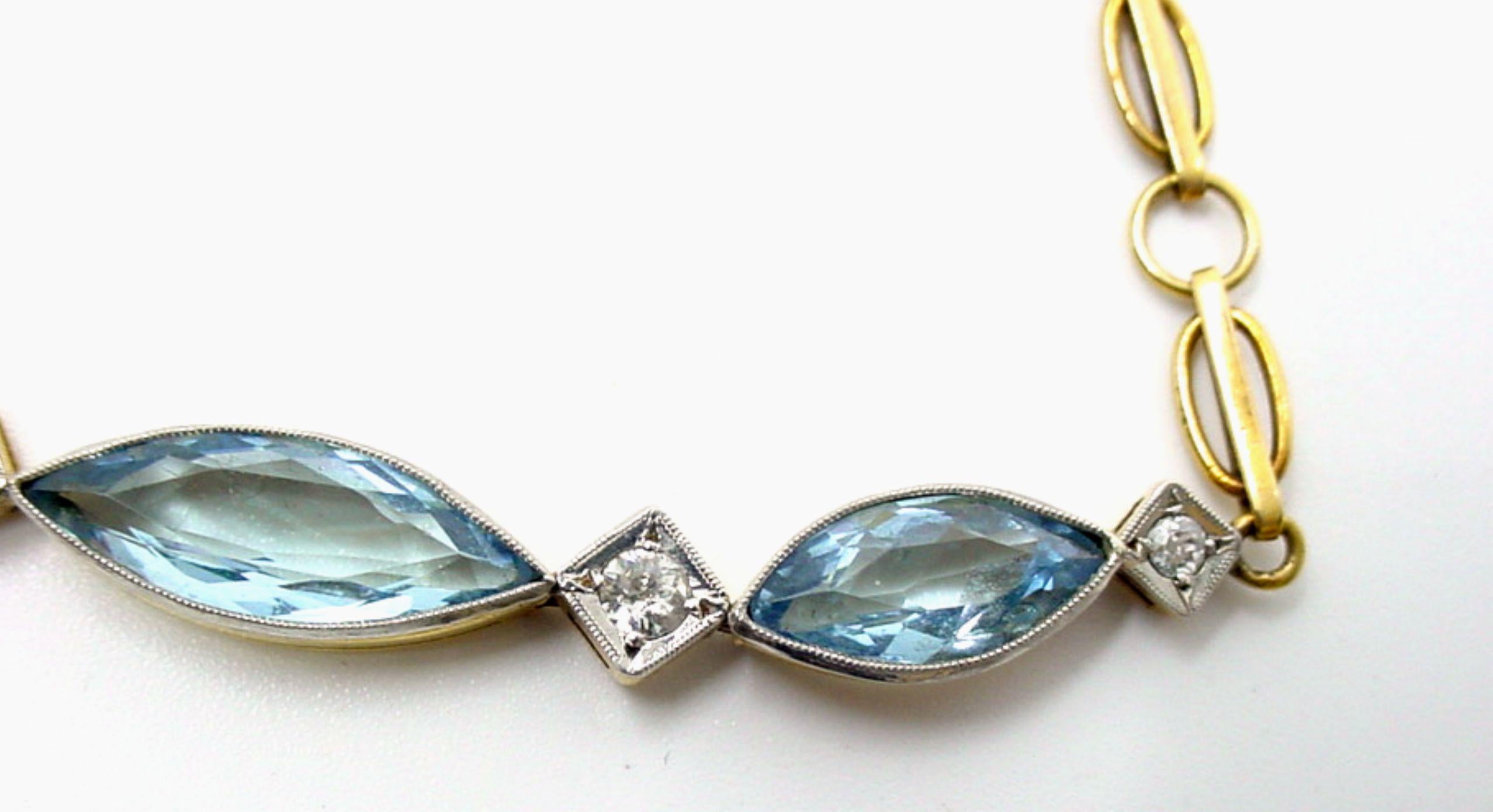 Women's or Men's Edwardian Aquamarine Diamond Platinum Topped Gold Link Bracelet For Sale