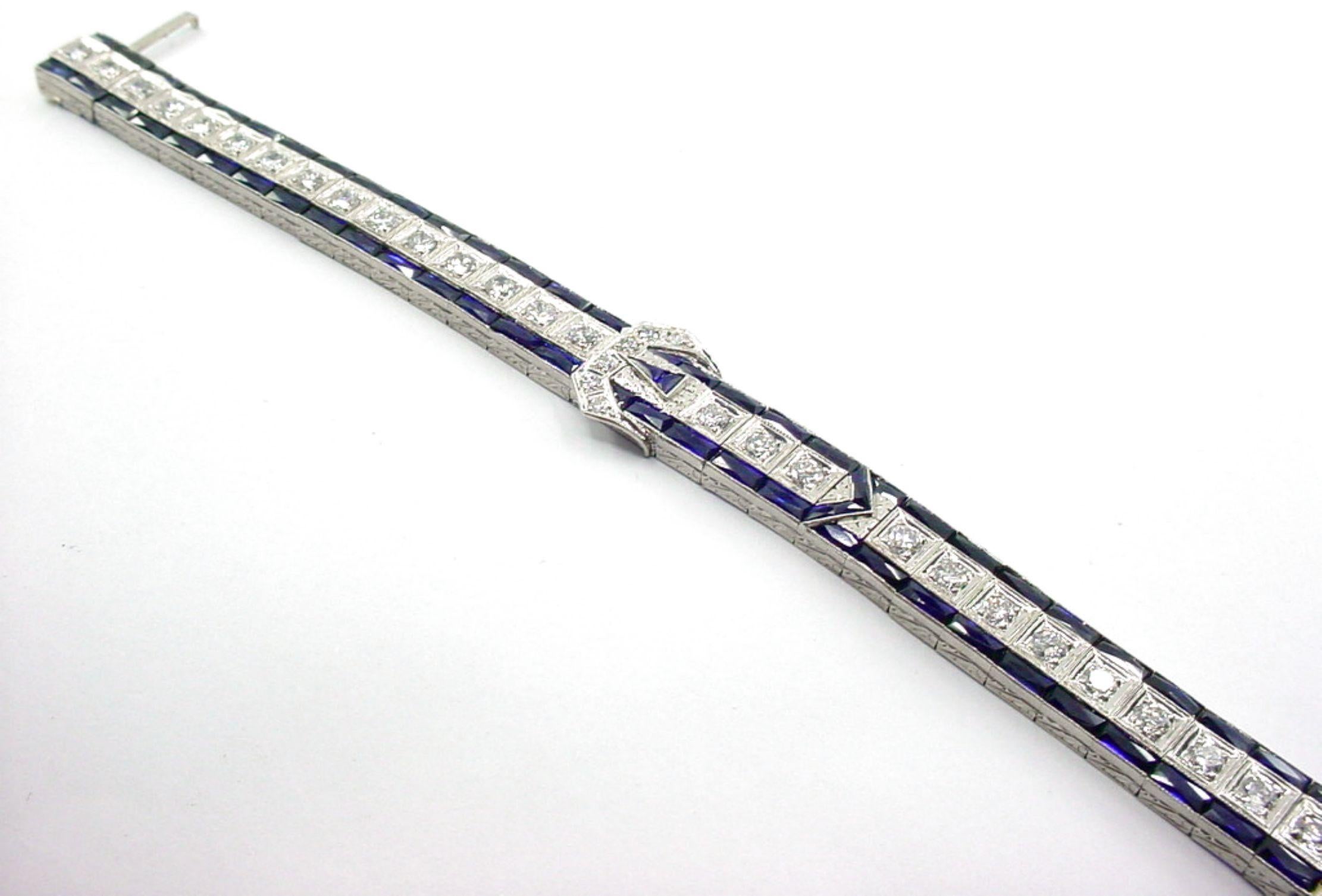 Stunning Art Deco Platinum 2.88 ct. Diamond Sapphire Buckle Strap Bracelet--Smal For Sale 2