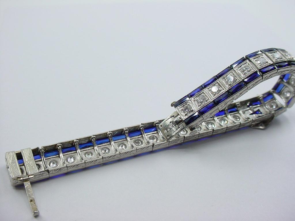 Stunning Art Deco Platinum 2.88 ct. Diamond Sapphire Buckle Strap Bracelet--Smal For Sale 3