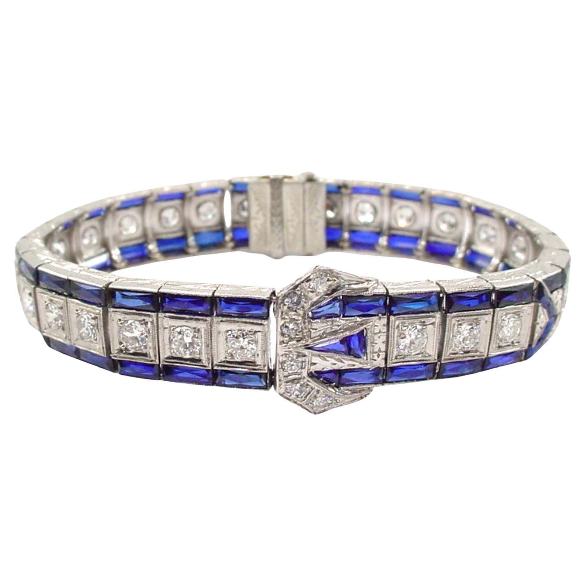 Stunning Art Deco Platinum 2.88 ct. Diamond Sapphire Buckle Strap Bracelet--Smal For Sale