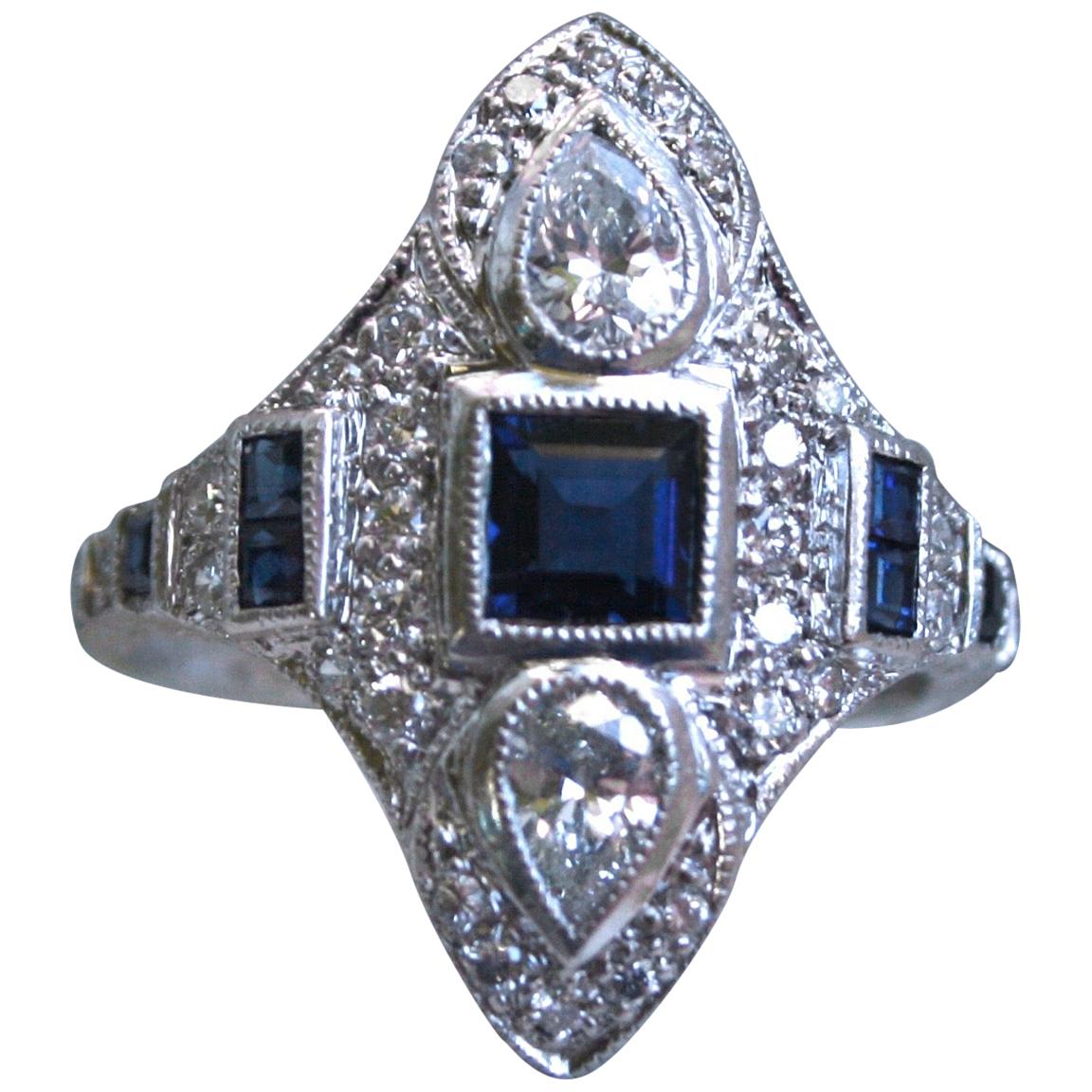 Stunning Art Deco Style Platinum Diamond and Sapphire Navette Ring, 1.41 Carat For Sale