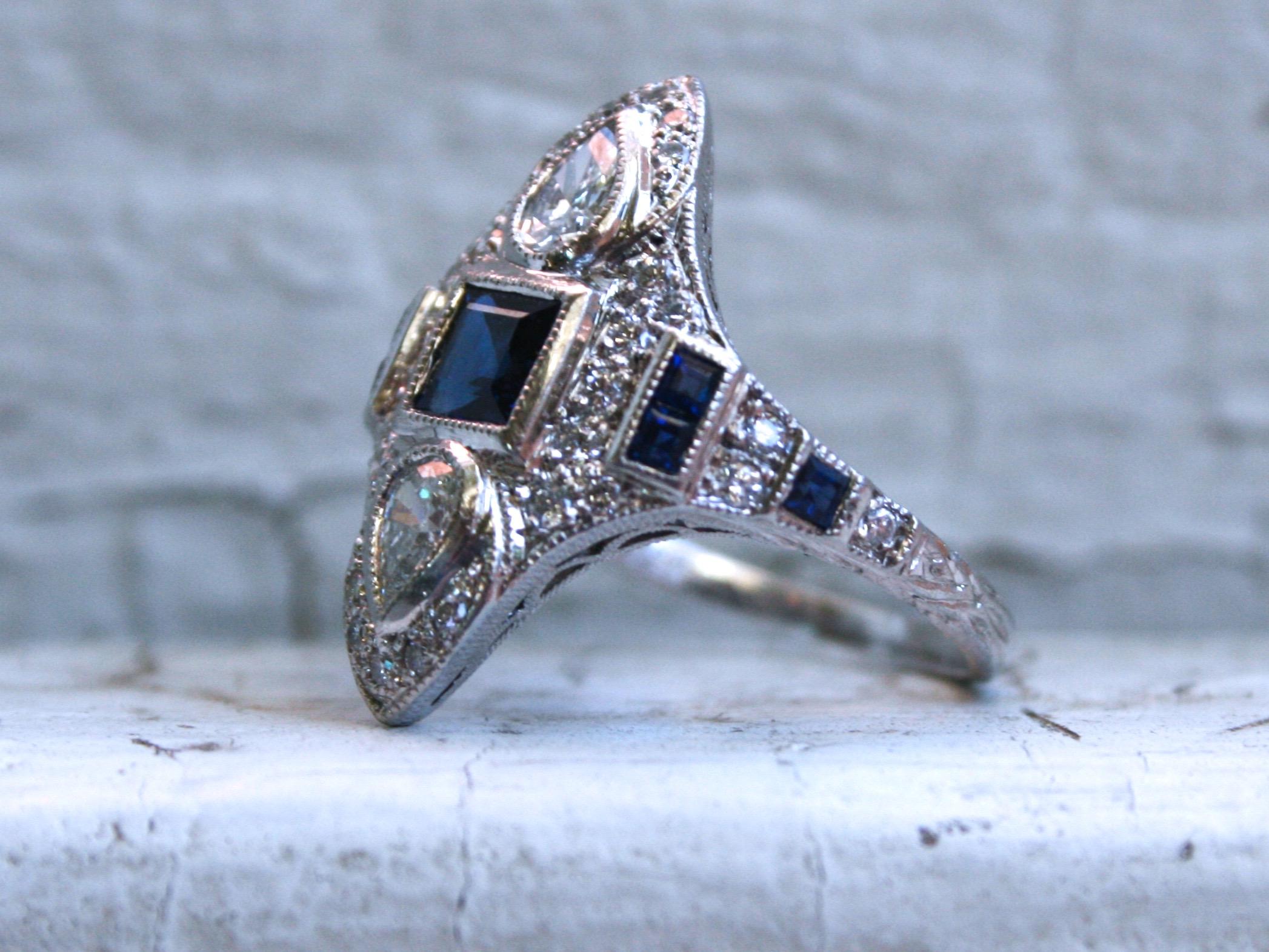 Square Cut Stunning Art Deco Style Platinum Diamond and Sapphire Navette Ring, 1.41 Carat For Sale