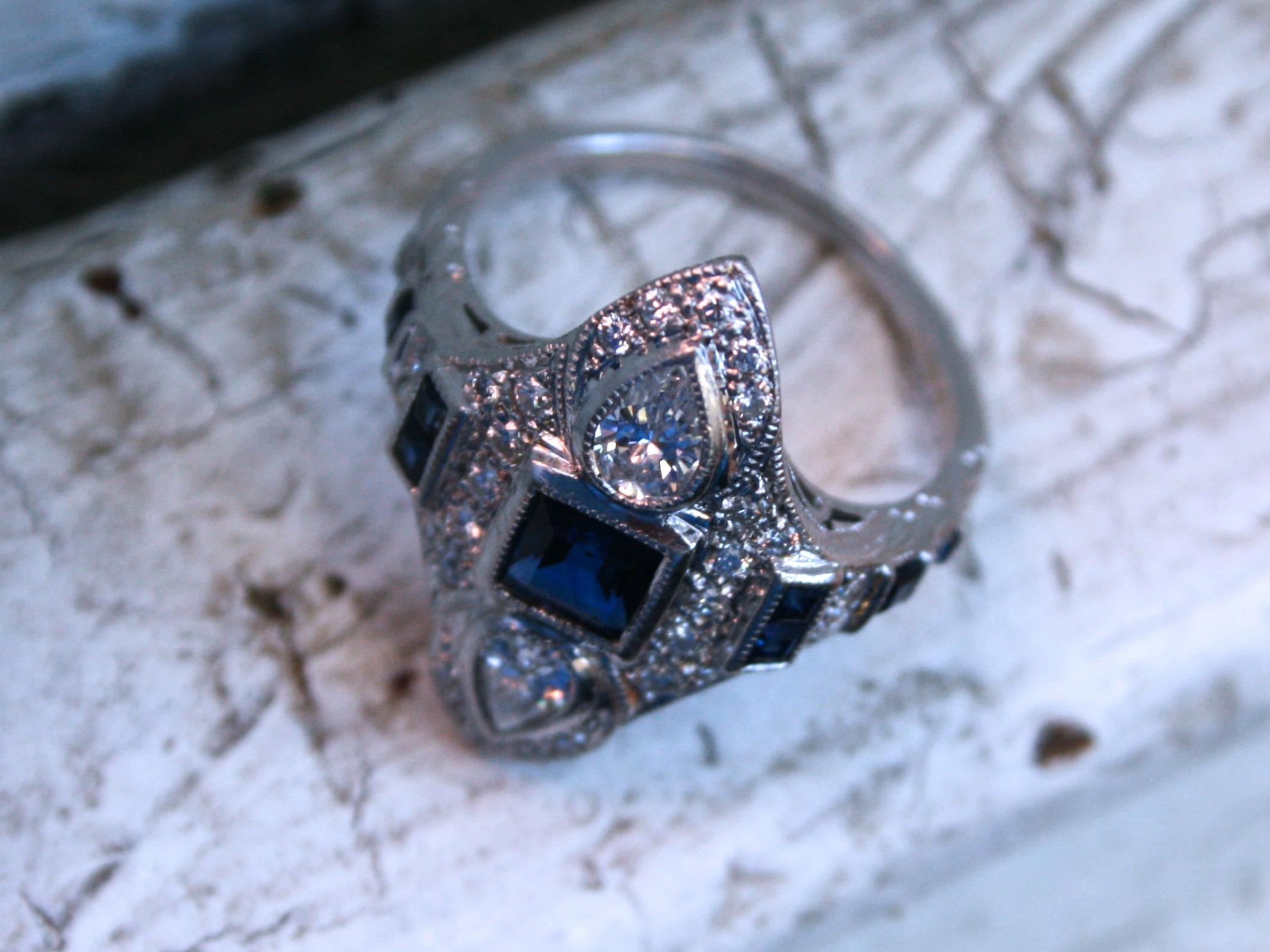 Stunning Art Deco Style Platinum Diamond and Sapphire Navette Ring, 1.41 Carat In Good Condition For Sale In San Francisco, CA