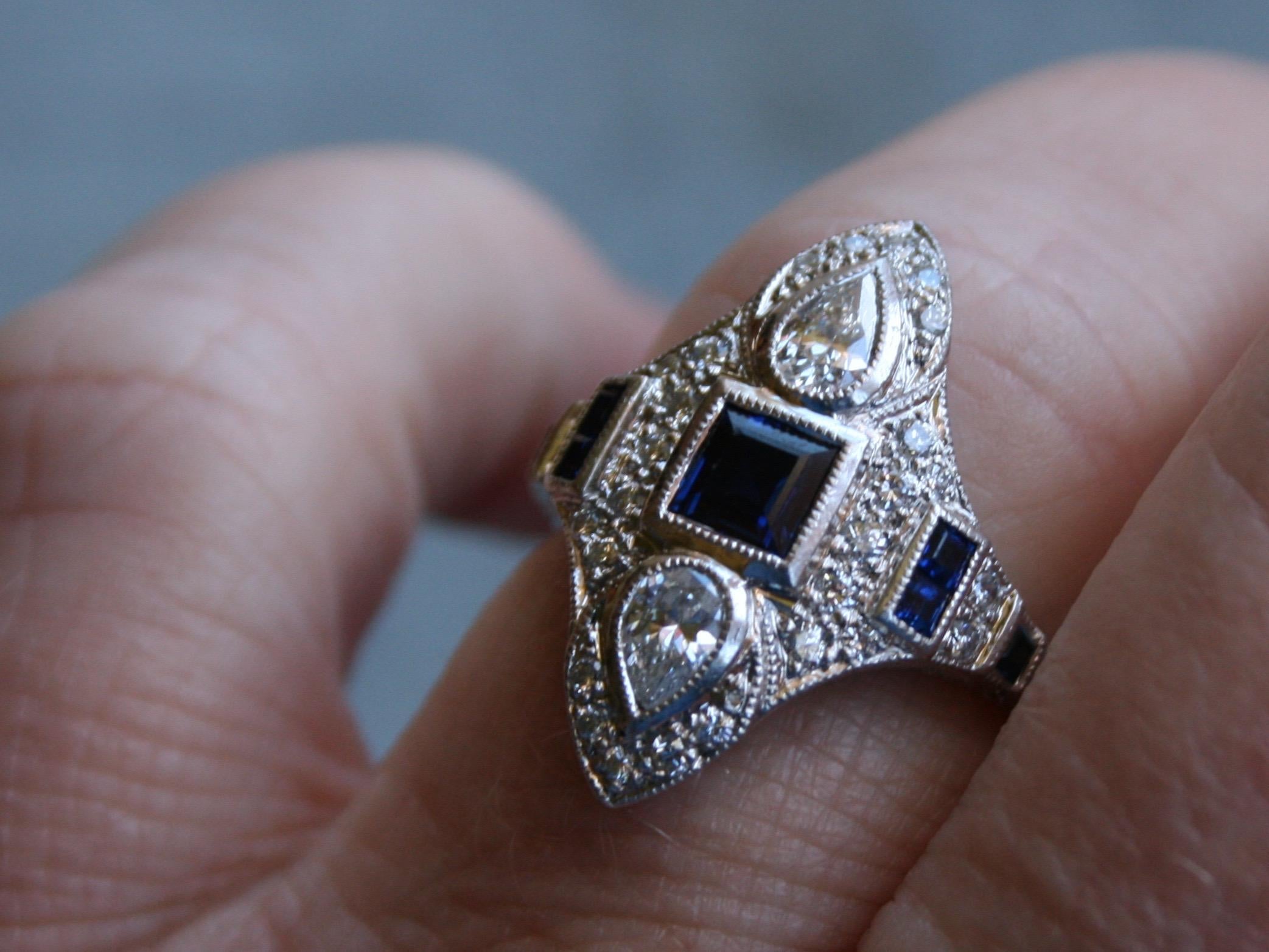 Stunning Art Deco Style Platinum Diamond and Sapphire Navette Ring, 1.41 Carat For Sale 2