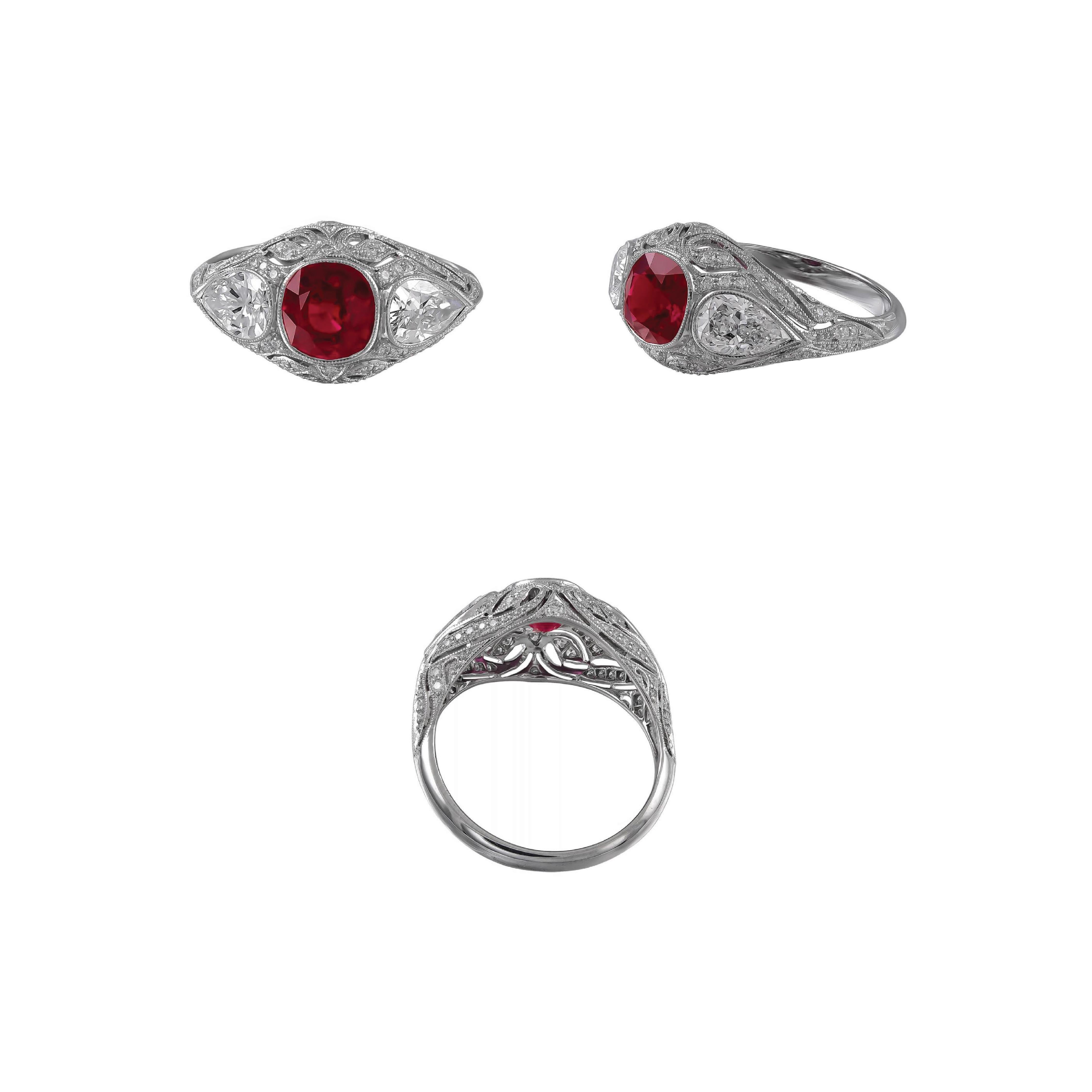 Sophia D, 0.23 Carat Art Deco Style Ruby Ring Set in Platinum In New Condition For Sale In New York, NY