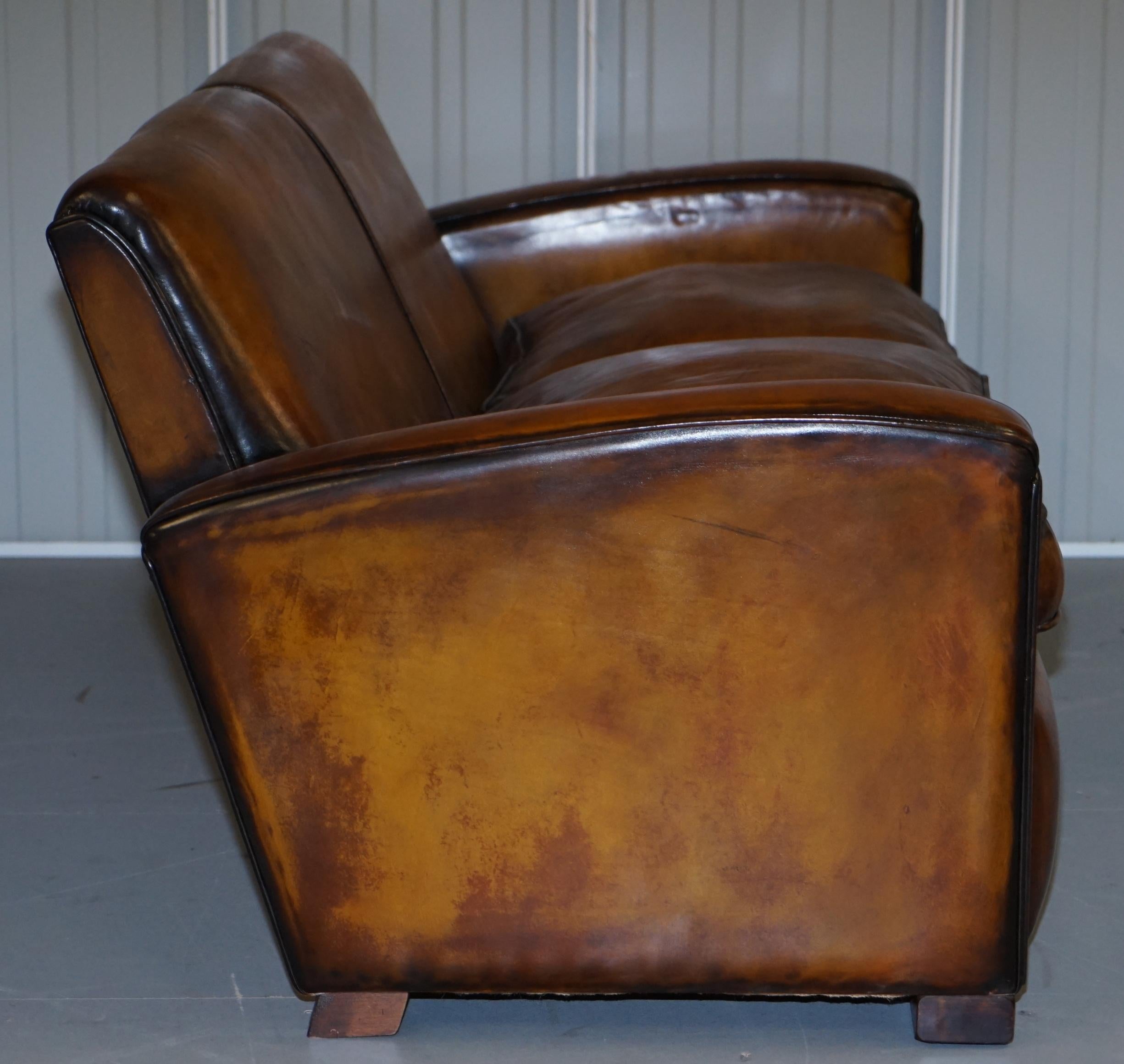Stunning Art Deco Restored Whisky Brown Leather Sofa & Pair of Armchairs Suite 2
