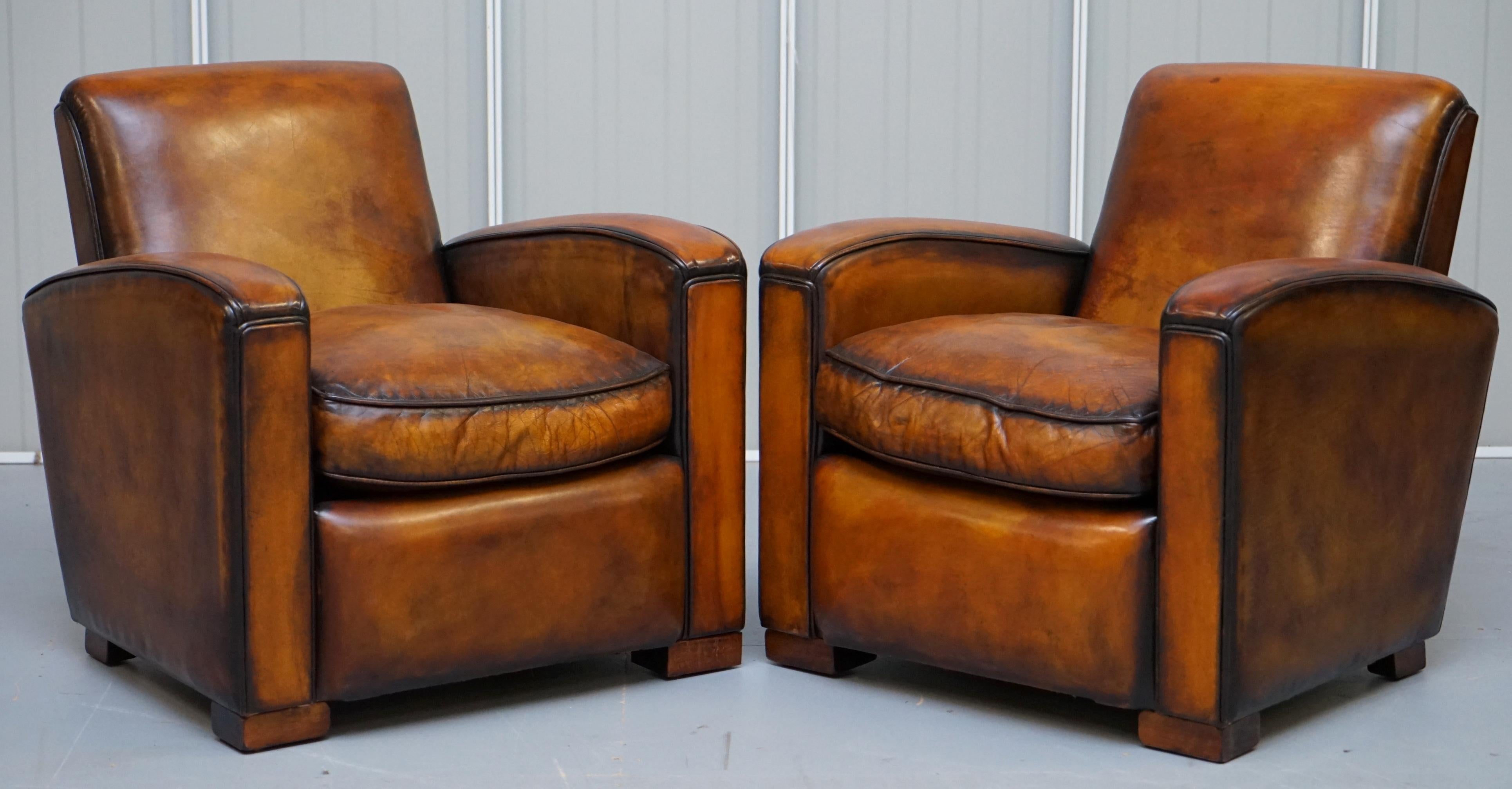 Stunning Art Deco Restored Whisky Brown Leather Sofa & Pair of Armchairs Suite 4