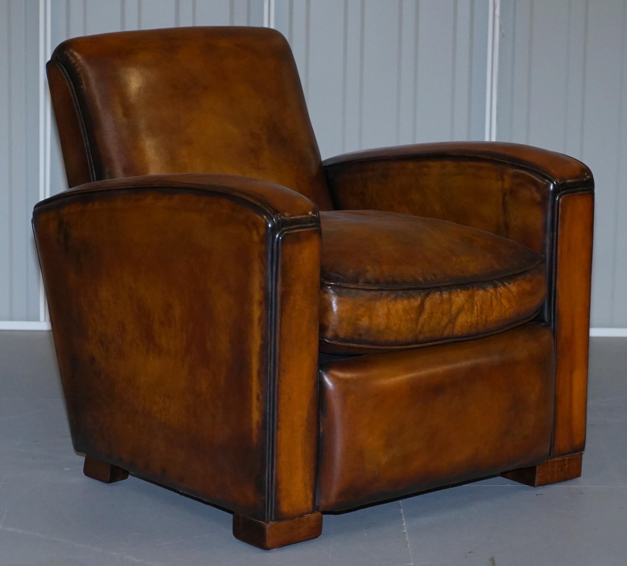 Stunning Art Deco Restored Whisky Brown Leather Sofa & Pair of Armchairs Suite 5