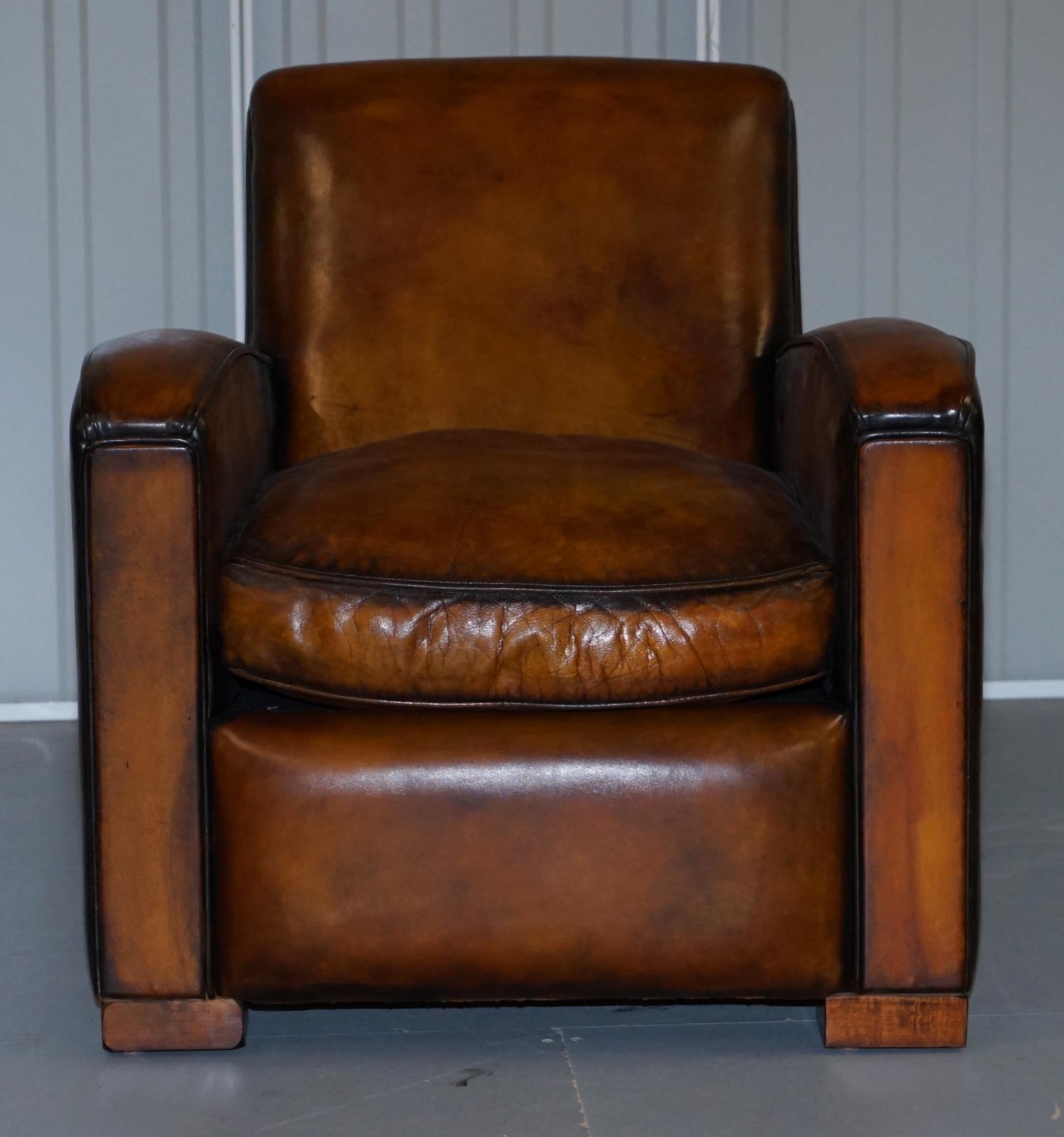 Stunning Art Deco Restored Whisky Brown Leather Sofa & Pair of Armchairs Suite 6