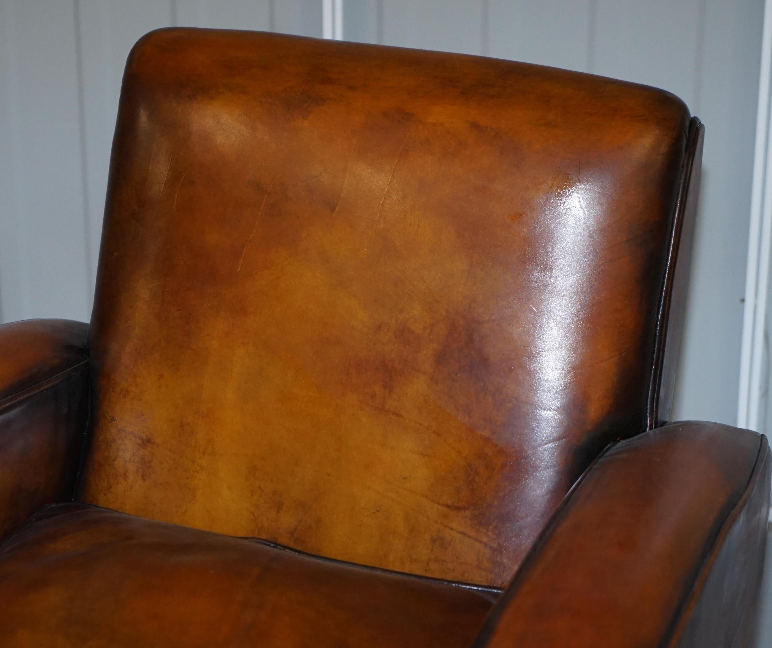 Stunning Art Deco Restored Whisky Brown Leather Sofa & Pair of Armchairs Suite 7