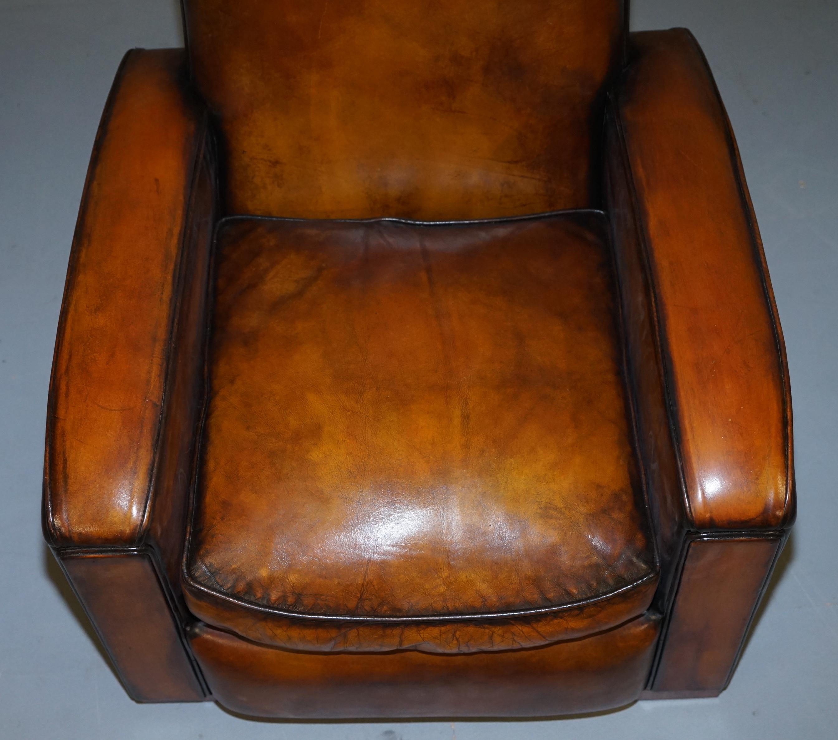 Stunning Art Deco Restored Whisky Brown Leather Sofa & Pair of Armchairs Suite 8