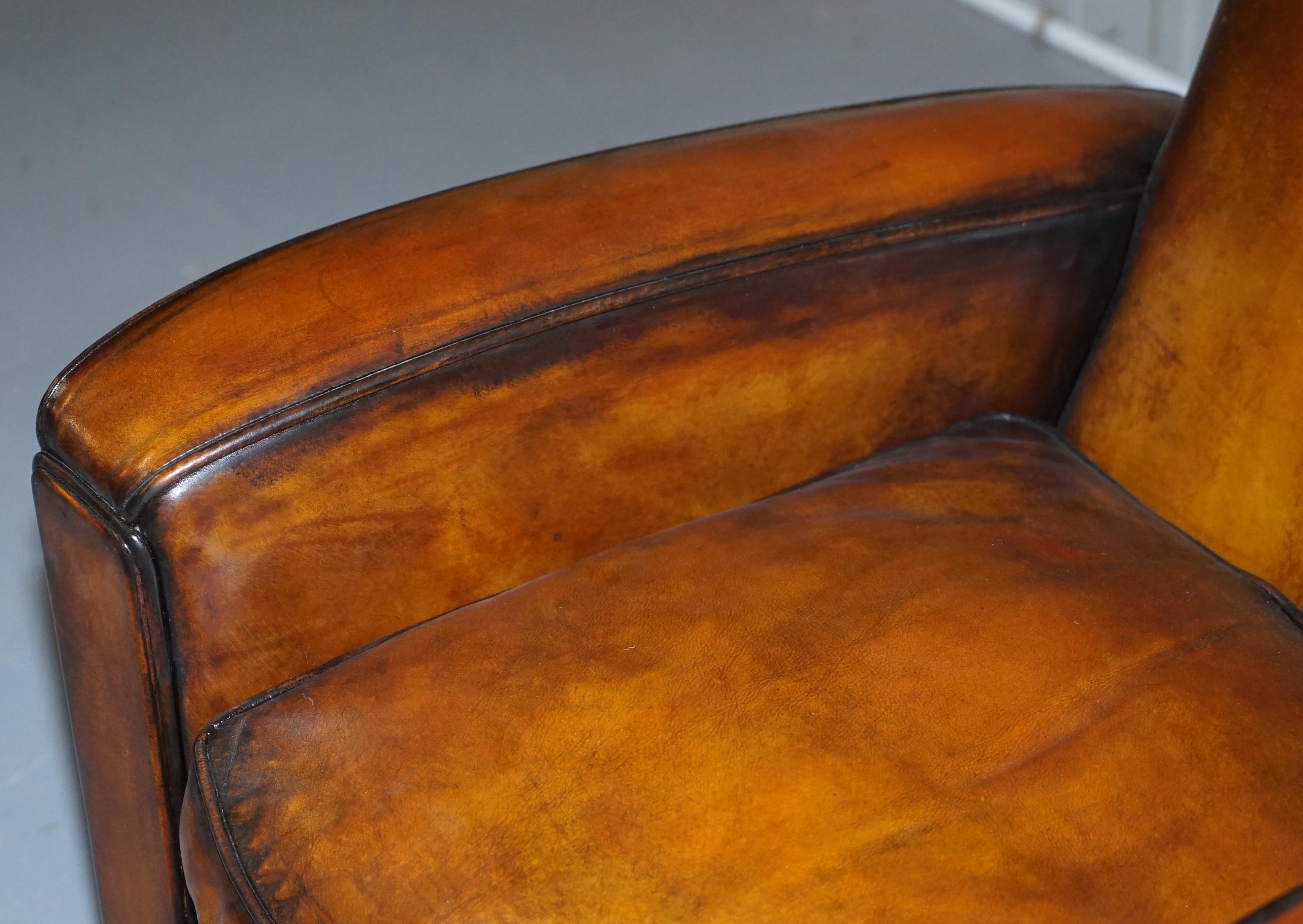 Stunning Art Deco Restored Whisky Brown Leather Sofa & Pair of Armchairs Suite 9