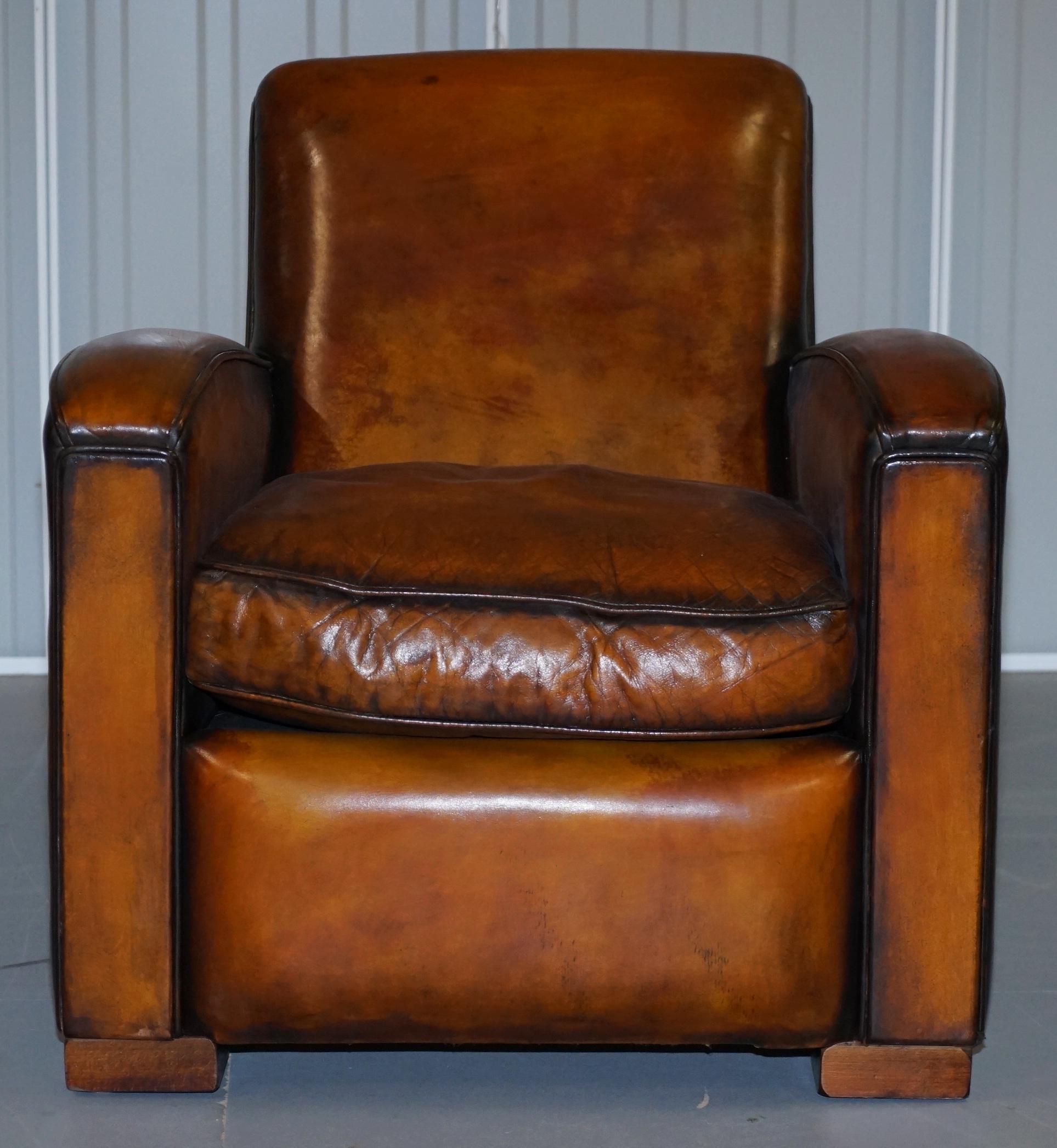 Stunning Art Deco Restored Whisky Brown Leather Sofa & Pair of Armchairs Suite 11