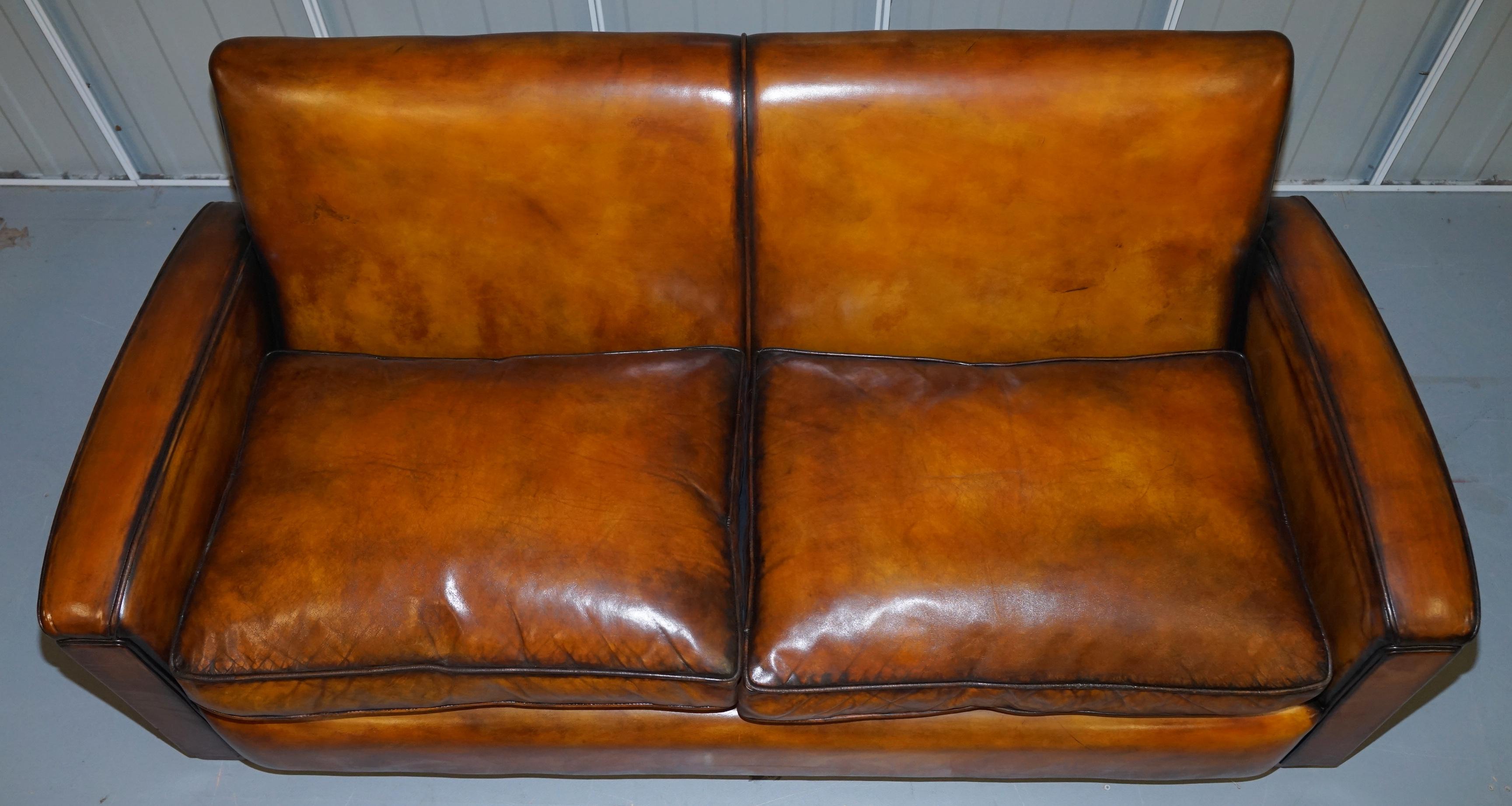 English Stunning Art Deco Restored Whisky Brown Leather Sofa & Pair of Armchairs Suite