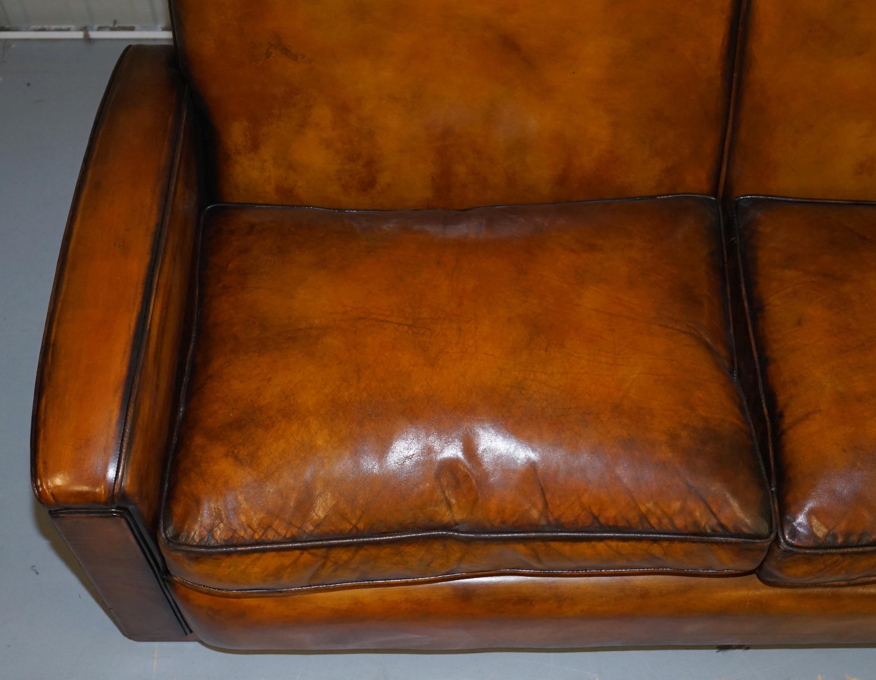 Hand-Crafted Stunning Art Deco Restored Whisky Brown Leather Sofa & Pair of Armchairs Suite