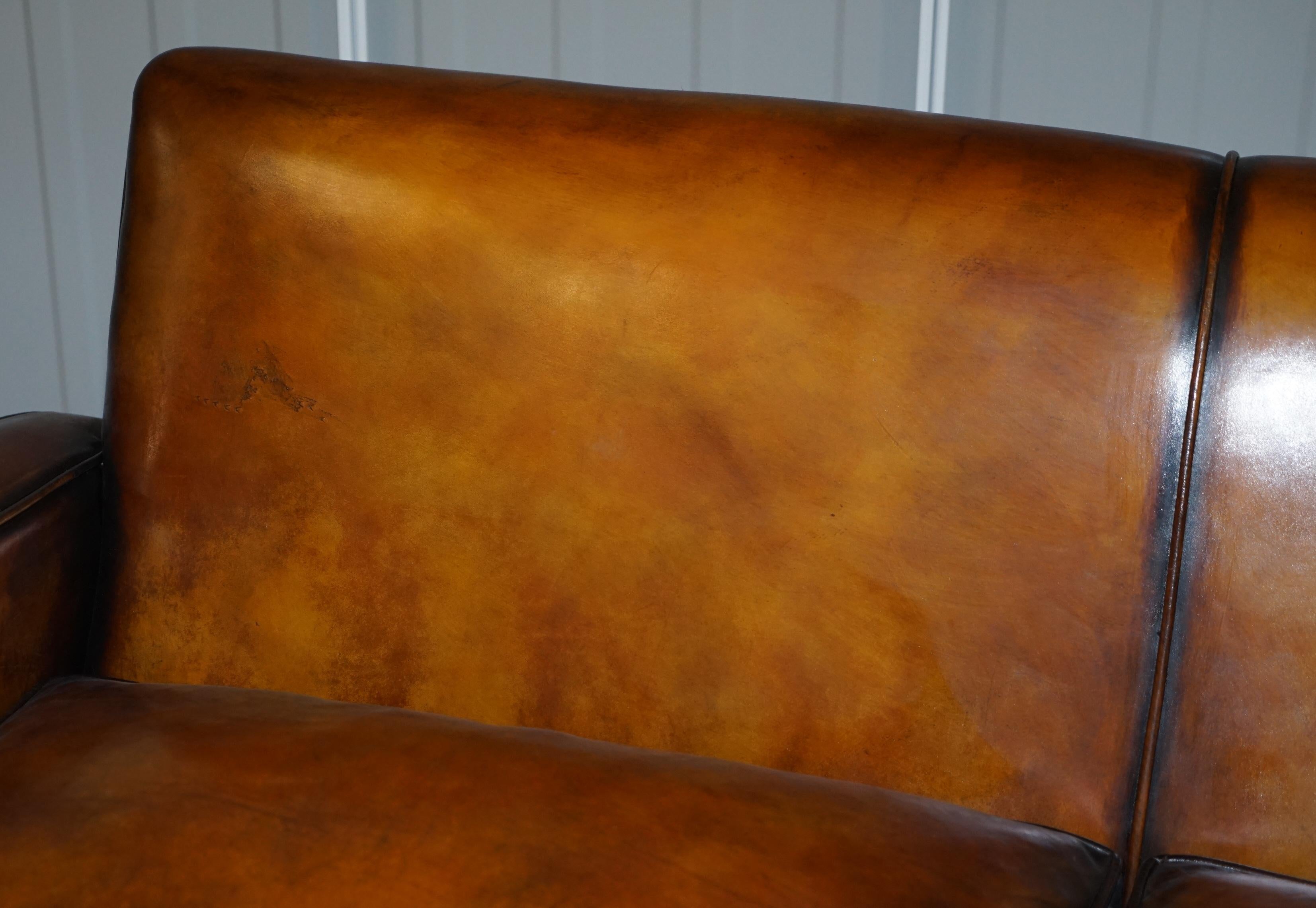 20th Century Stunning Art Deco Restored Whisky Brown Leather Sofa & Pair of Armchairs Suite