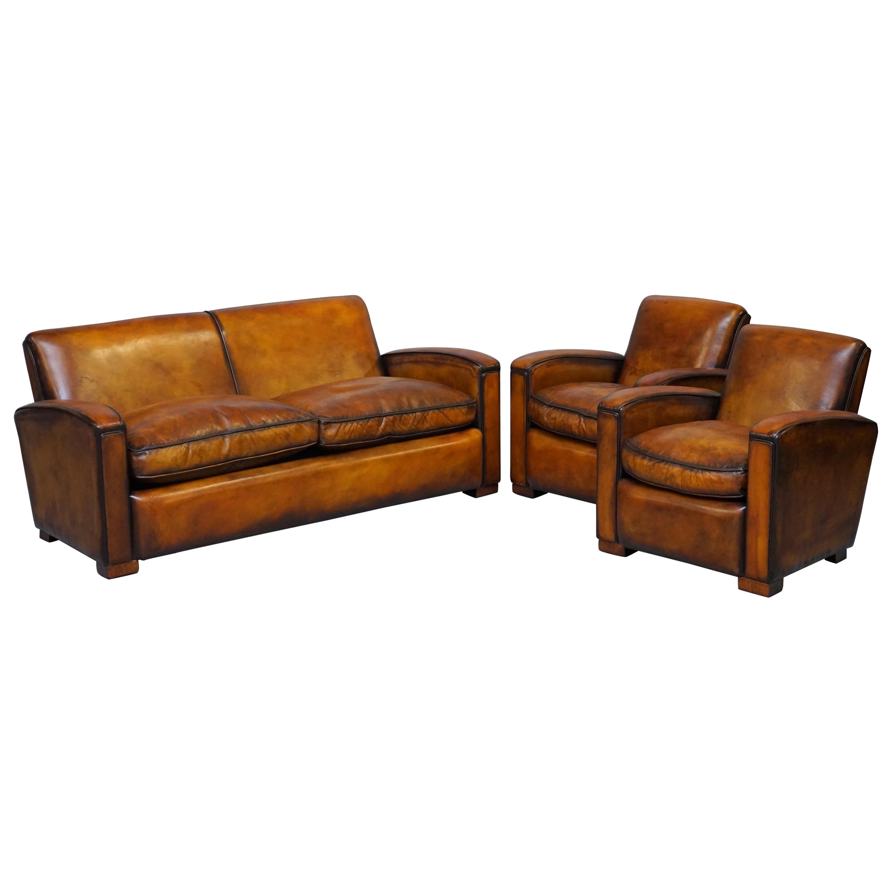 Stunning Art Deco Restored Whisky Brown Leather Sofa & Pair of Armchairs Suite