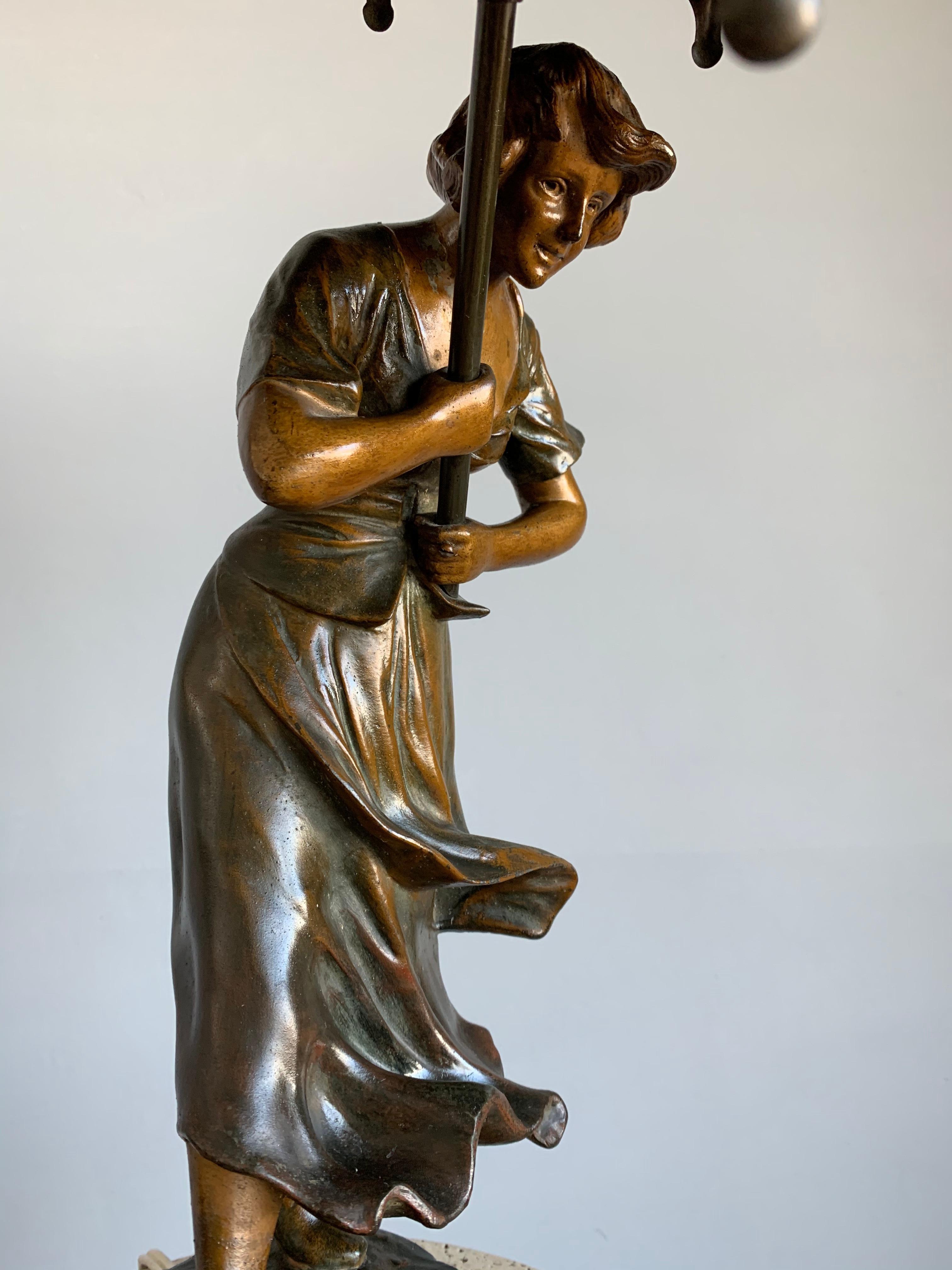 Spelter Stunning Art Deco Sculpture Desk or Table Lamp, Girl with Umbrella in the Wind