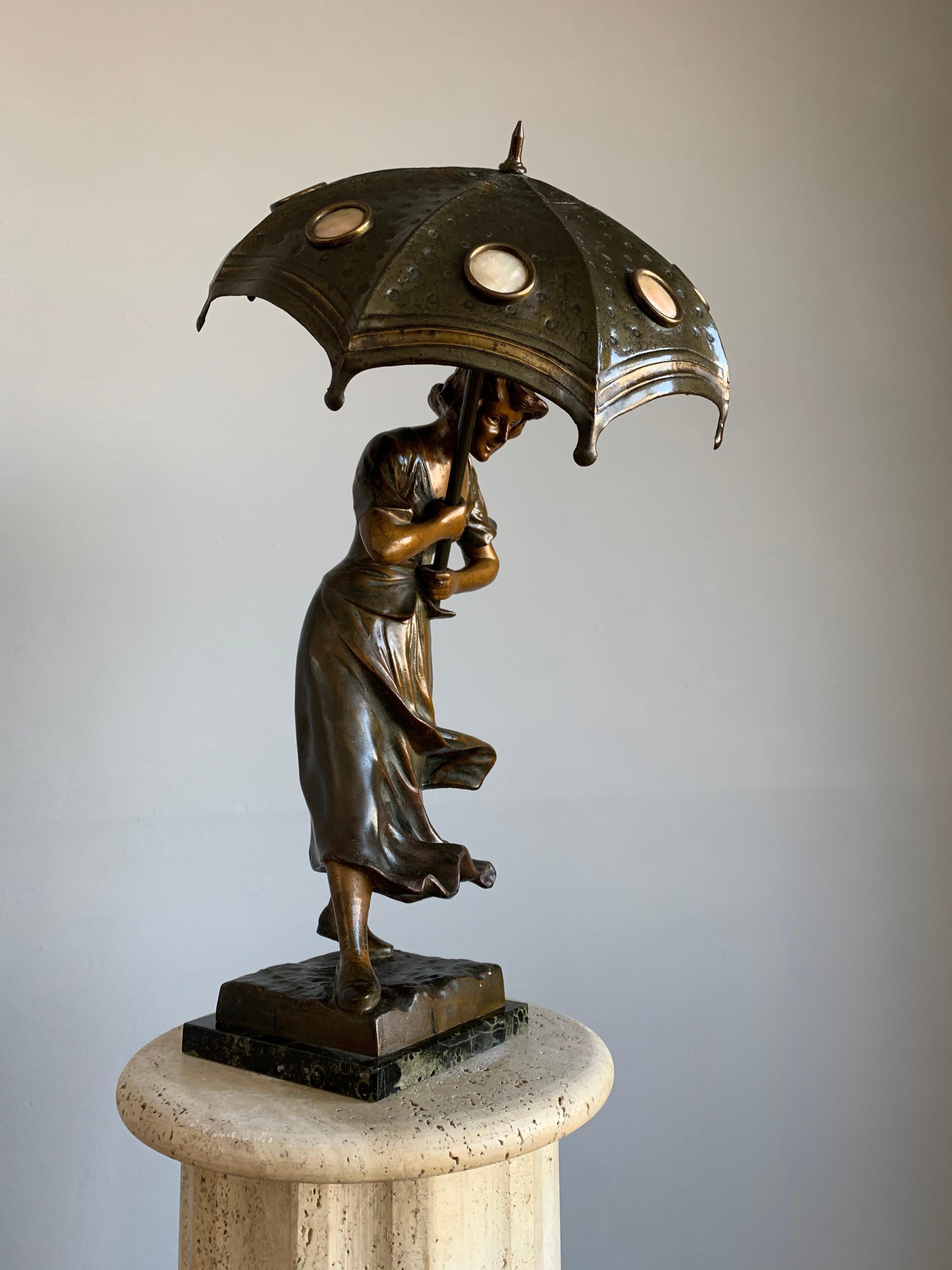 Stunning Art Deco Sculpture Desk or Table Lamp, Girl with Umbrella in the Wind 1