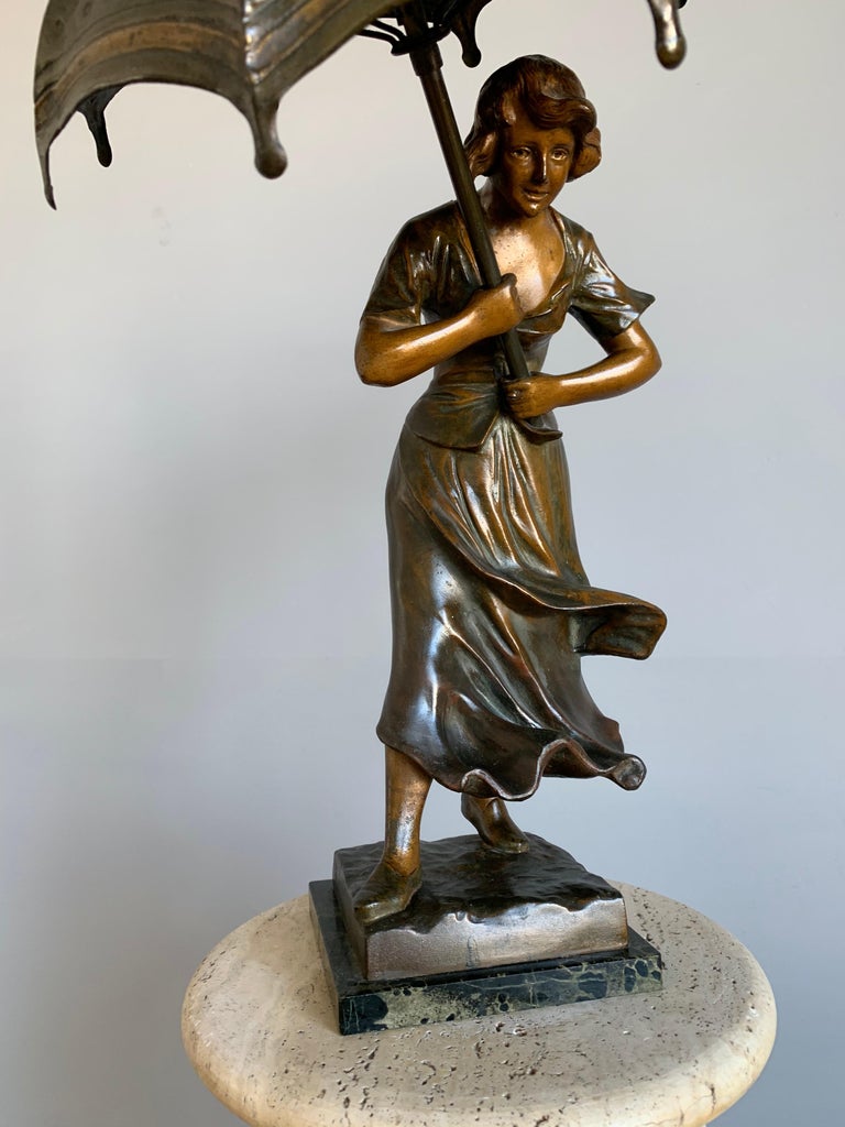 Stunning Art Deco Sculpture Desk or Table Lamp, Girl with Umbrella in the Wind at 1stDibs