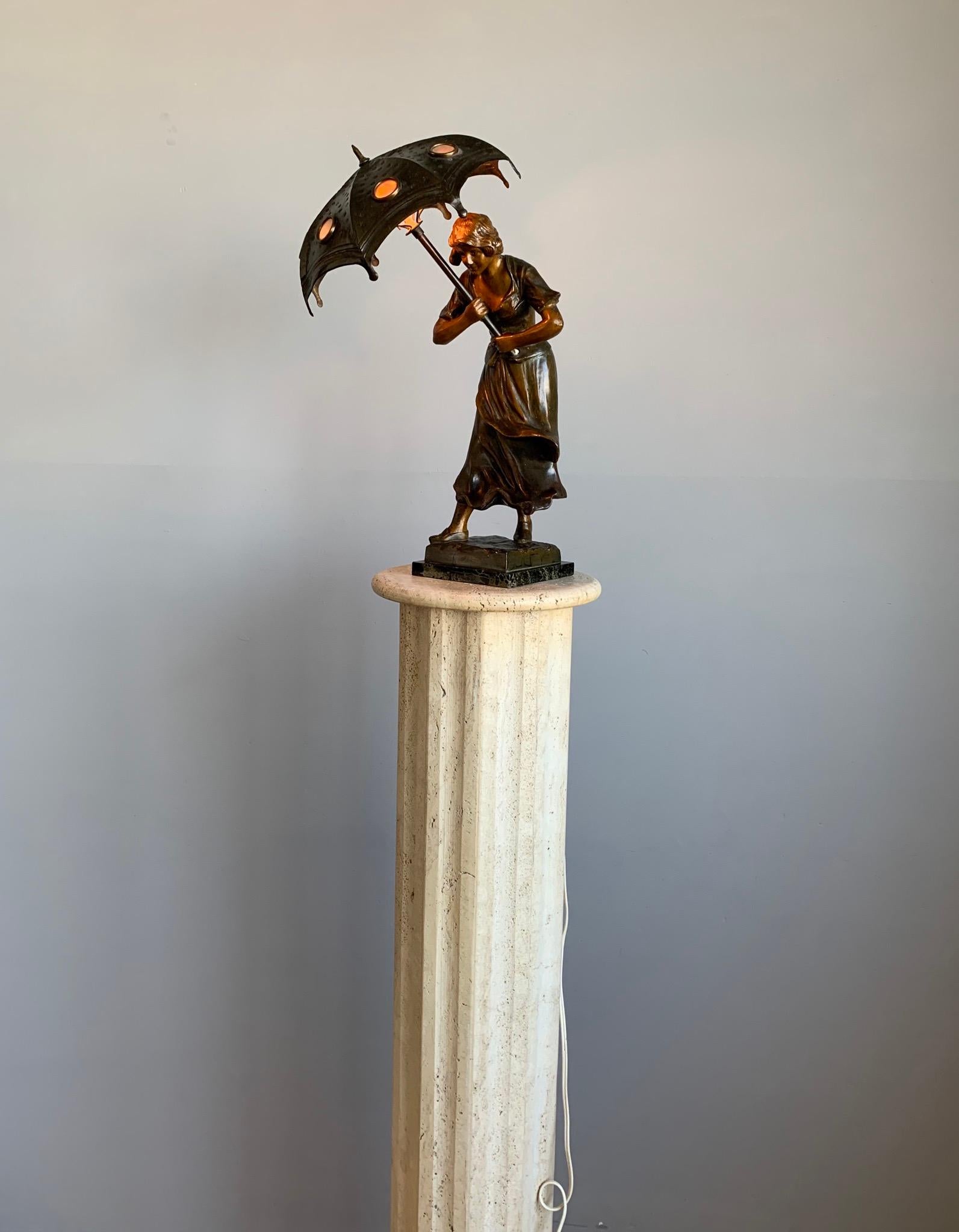 Hand-Crafted Stunning Art Deco Sculpture Desk or Table Lamp, Girl with Umbrella in the Wind