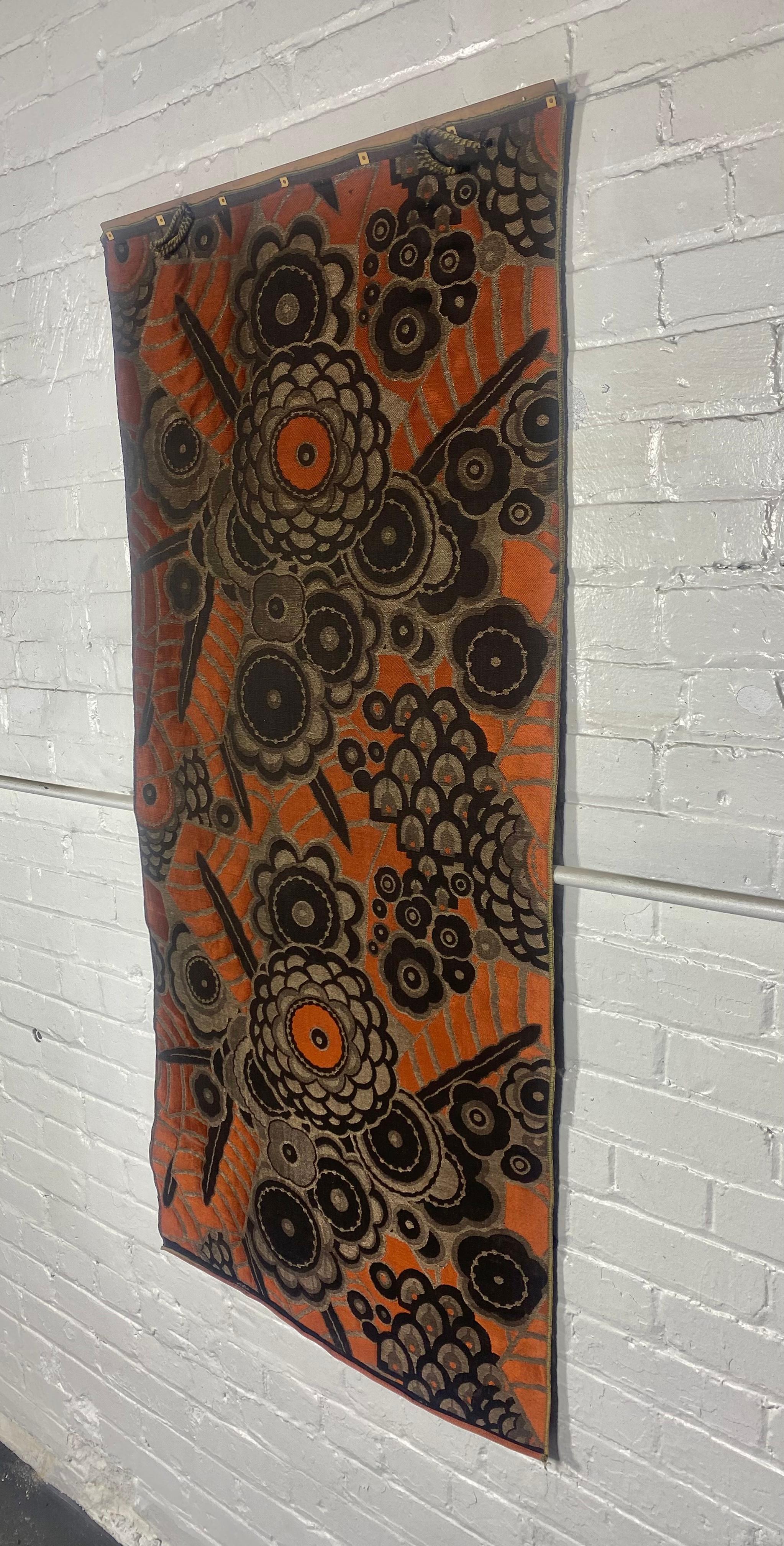 Stunning. Super Stylized Art Deco Silk Tapestry / Weaving attr to Paul Poiret /Atelier Martine, Amazing original condition.Original wood strip hanger,, Fabric numbered on back side. Originally purchased from Liberty of London.. SHOW-STOPPER.