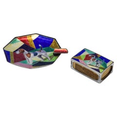 Stunning art deco sterling silver and enamel match box cover & ash tray - 1928